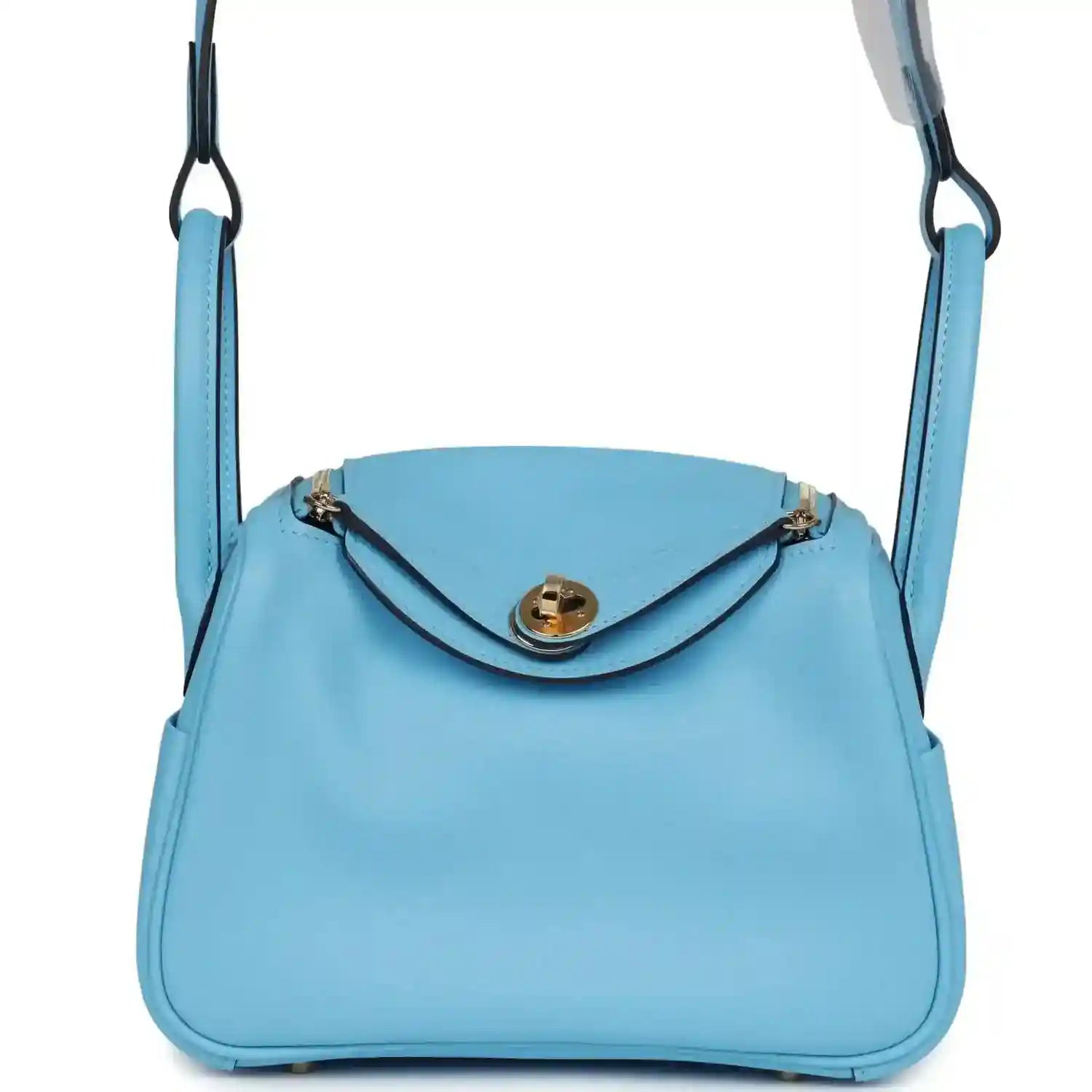 Mini handbag in light blue leather with top handle and gold-tone clasp hardware