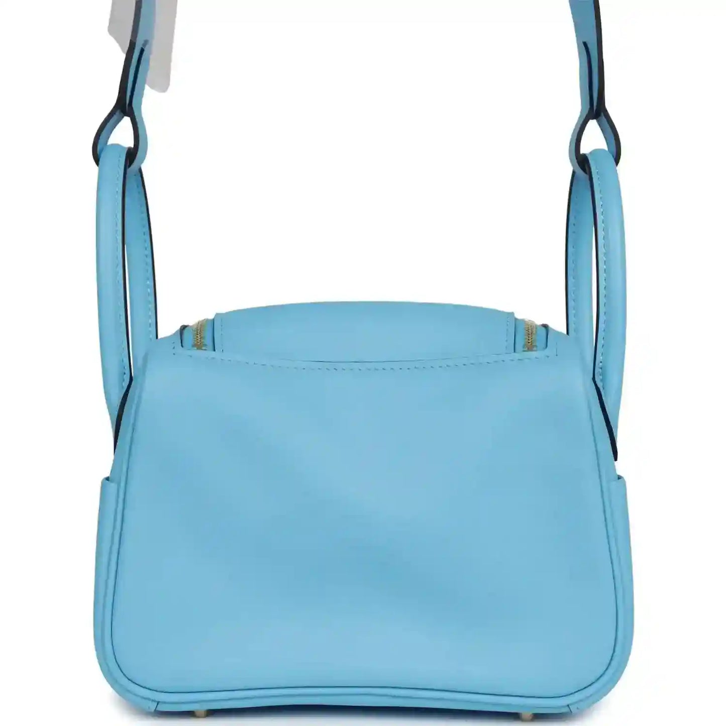 Light blue leather mini handbag with top opening edge and two carry handles