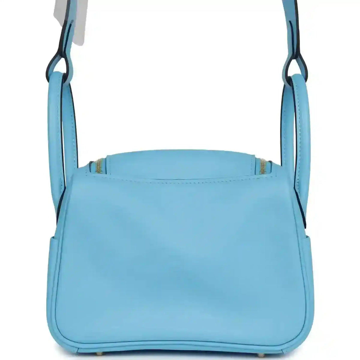 Light blue leather mini handbag with top opening edge and two carry handles