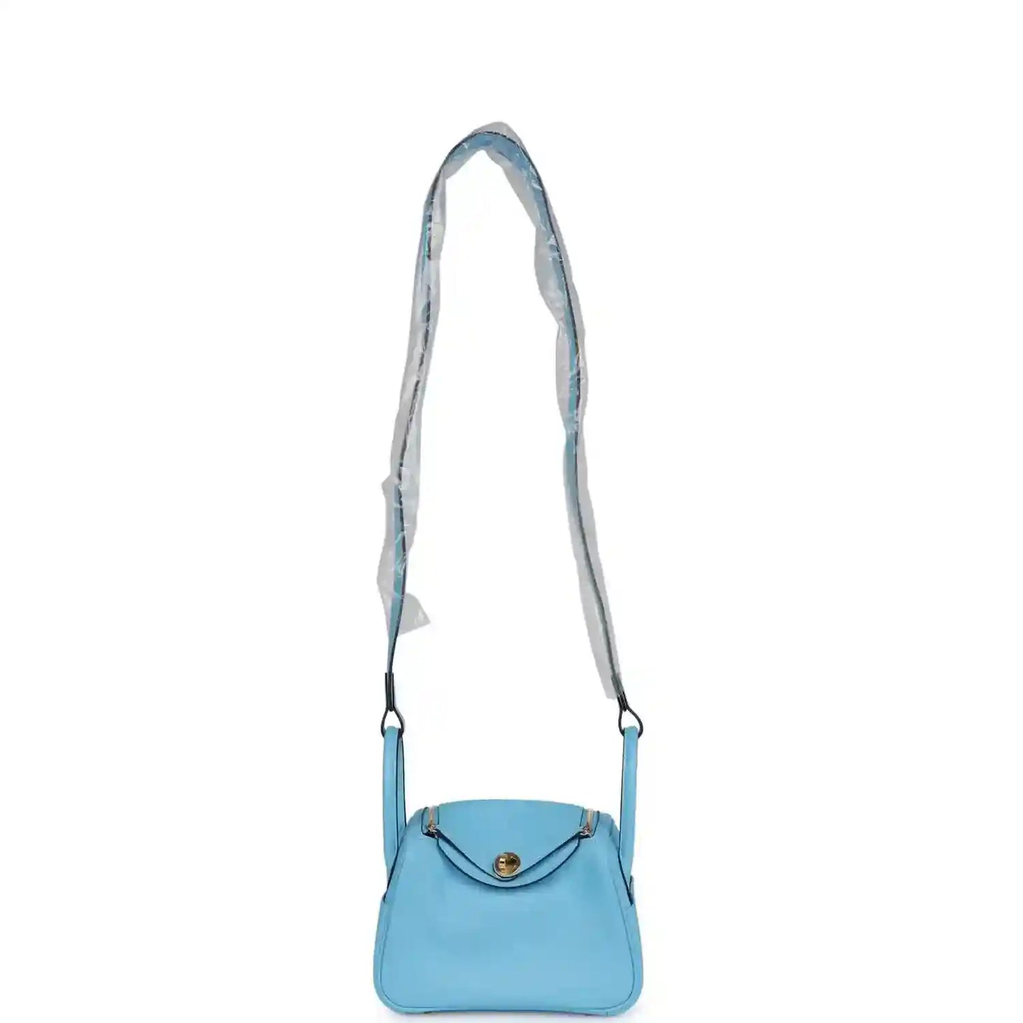 Light blue leather mini handbag with a short shoulder strap and top flap clasp