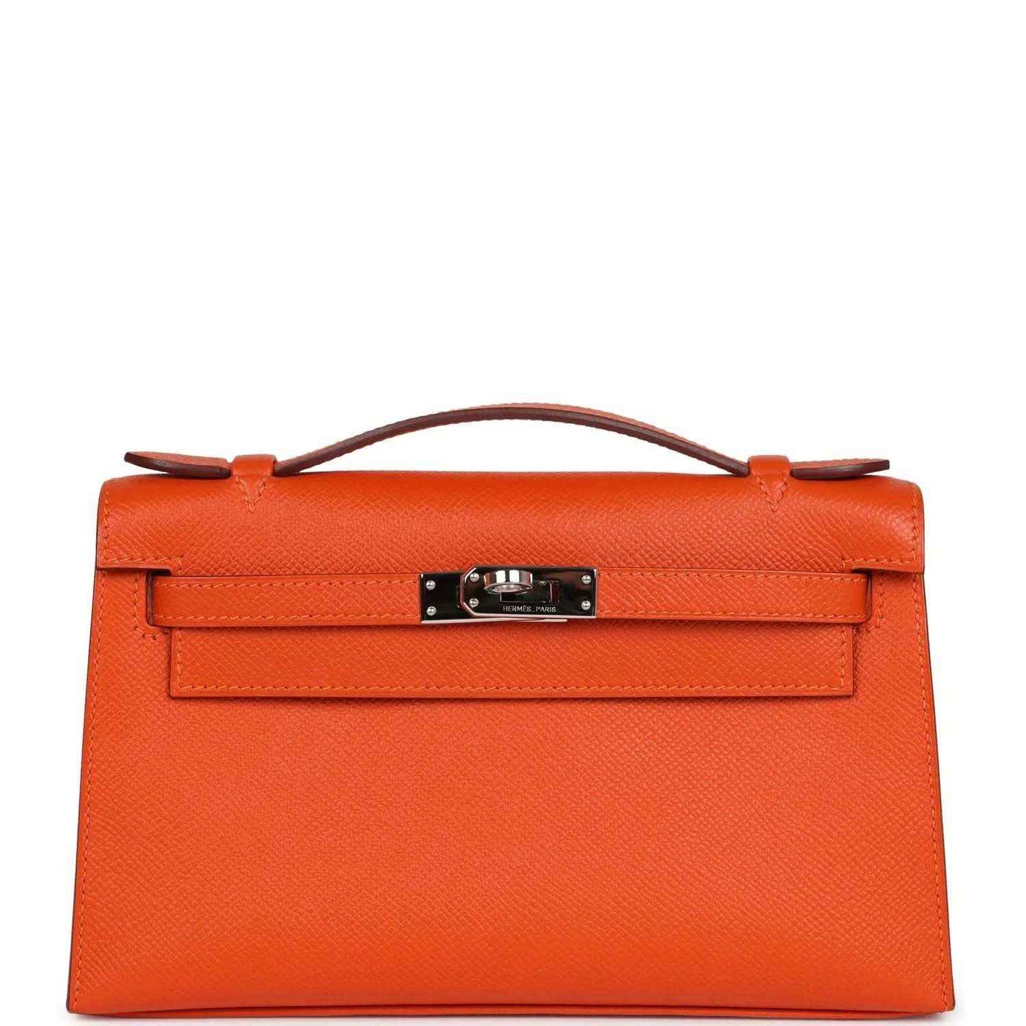 Orange Epsom leather clutch with top handle and front flap, silver-tone lock hardware