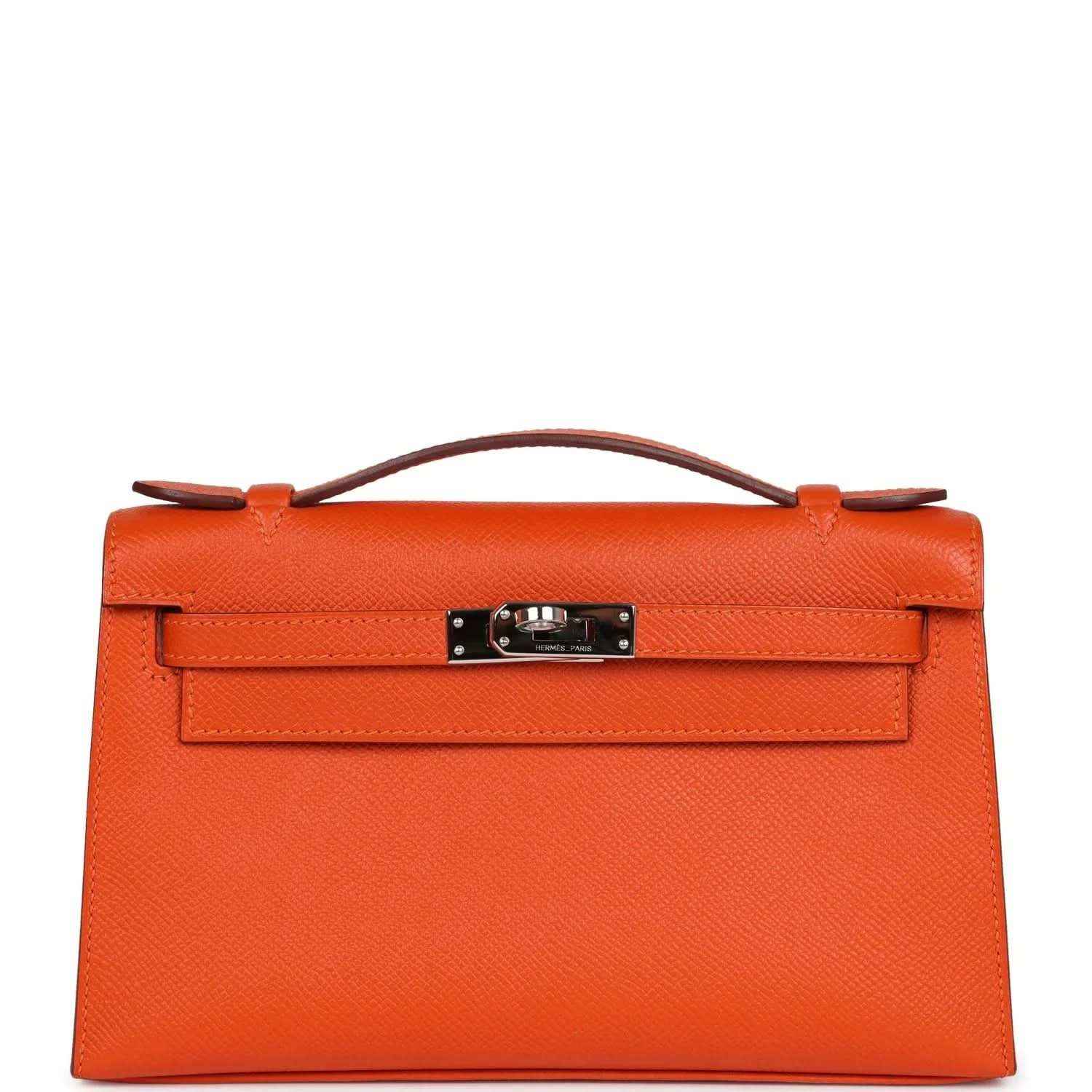Orange Epsom leather clutch with top handle and front flap, silver-tone lock hardware