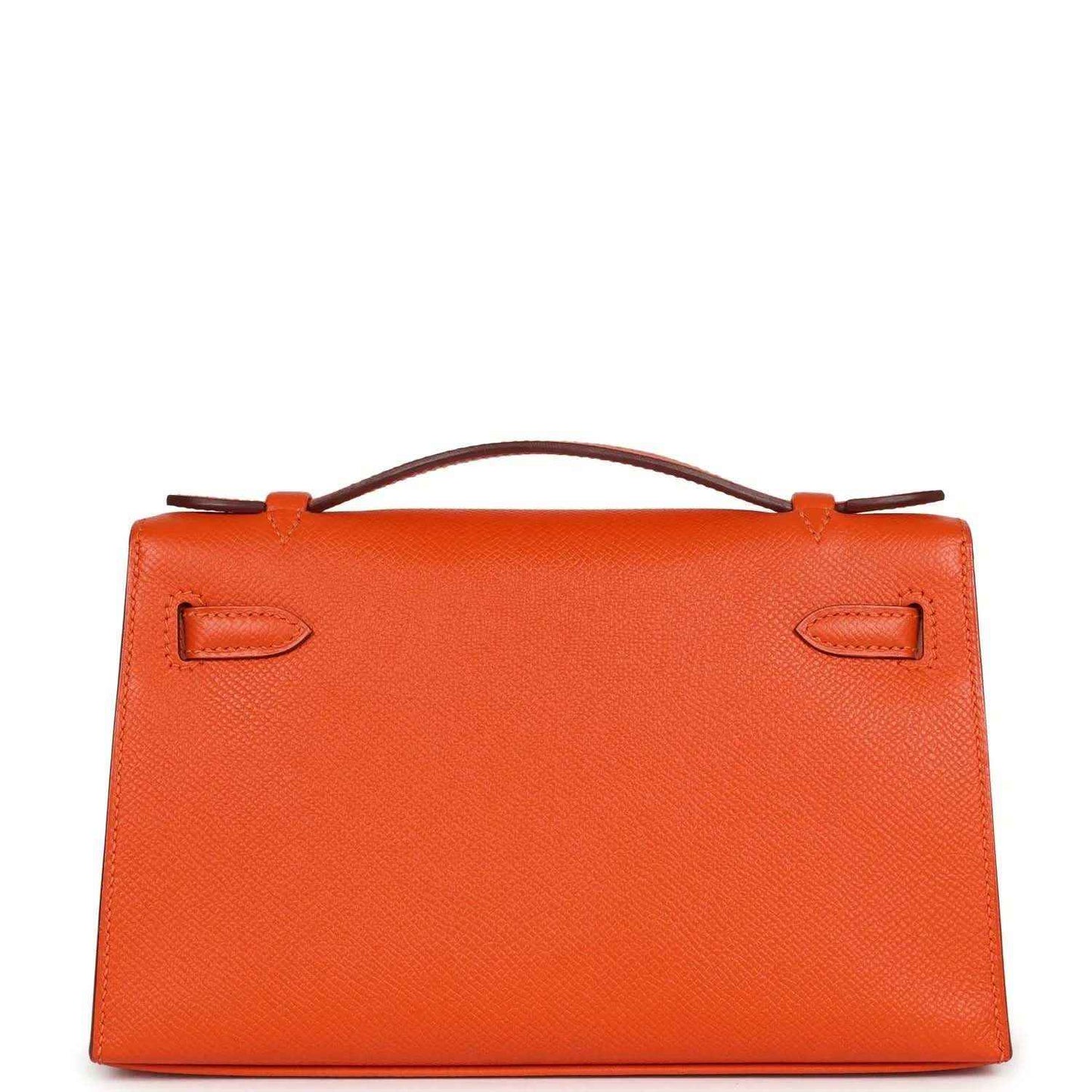 Orange Epsom leather clutch front with top handle and two flap corner straps