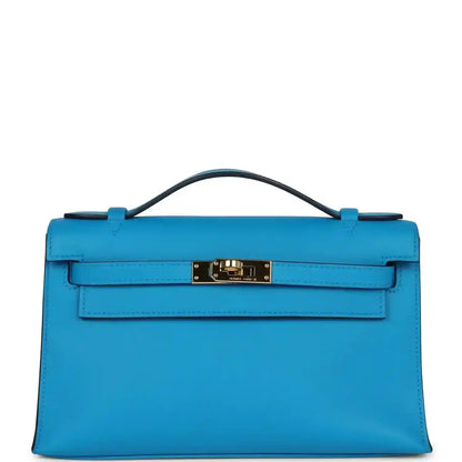 Hermes Kelly pochette handbag in blue with gold-tone front clasp