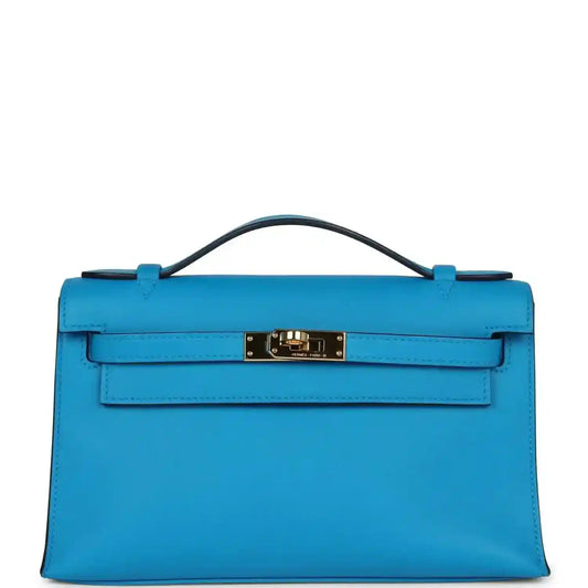 Hermes Kelly pochette handbag in blue with gold-tone front clasp