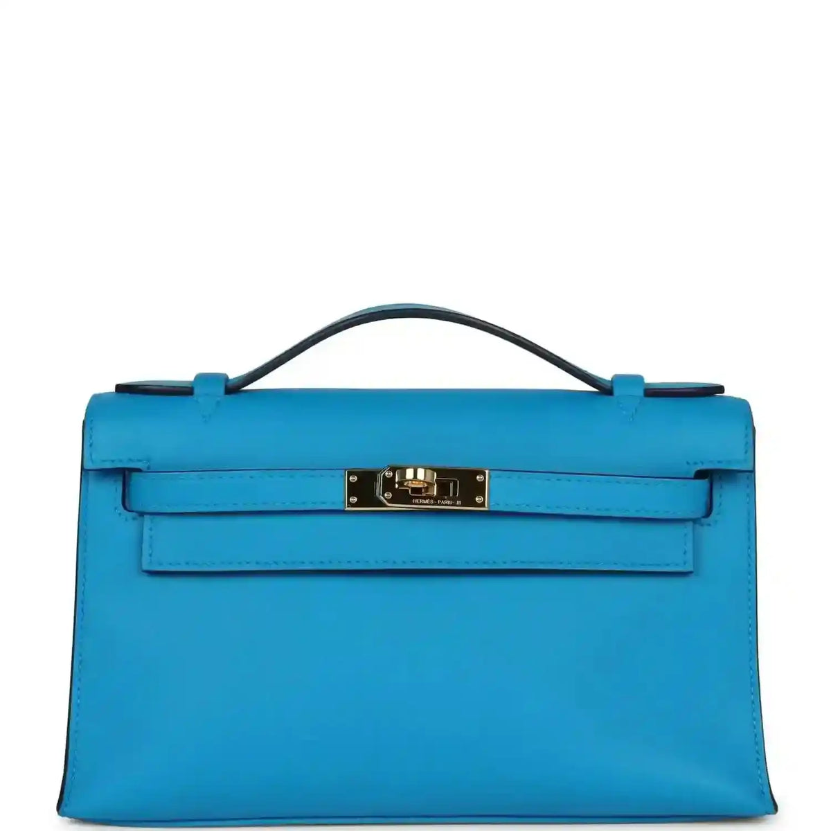 Hermes Kelly pochette handbag in blue with gold-tone front clasp