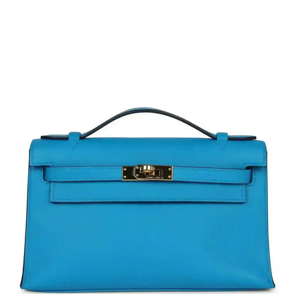 Hermes Kelly pochette handbag in blue with gold-tone front clasp