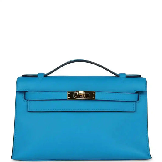 Hermes Kelly pochette handbag in blue with gold-tone front clasp