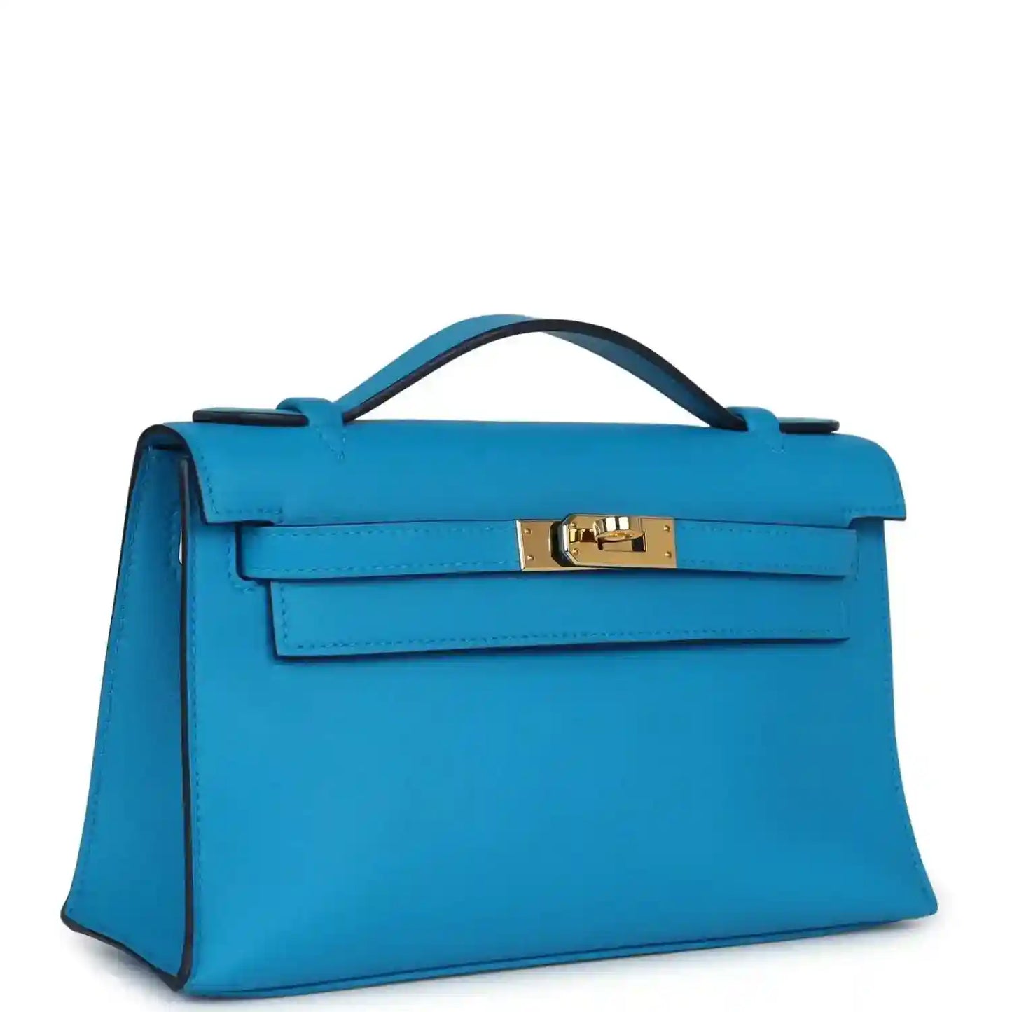 Hermes Kelly pochette handbag in blue with front flap and gold clasp