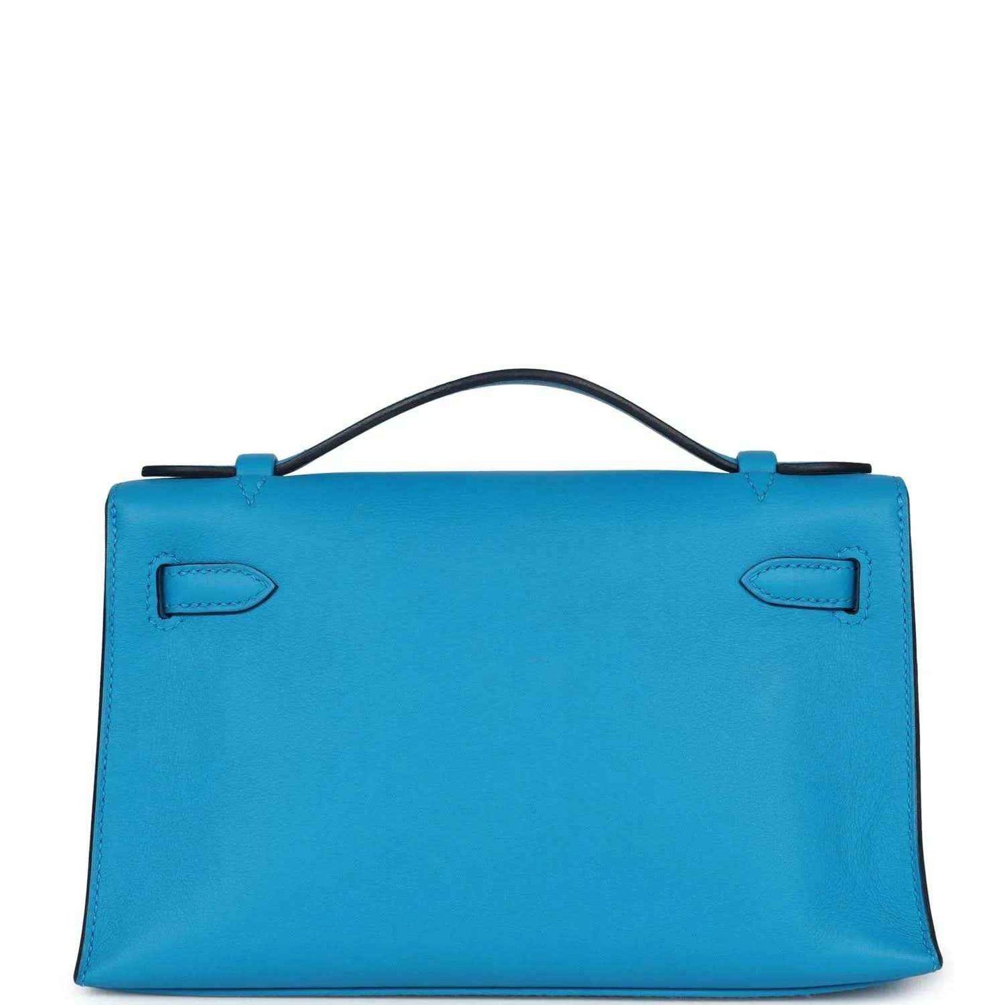 Hermes Kelly pochette handbag in blue with two top handle loops
