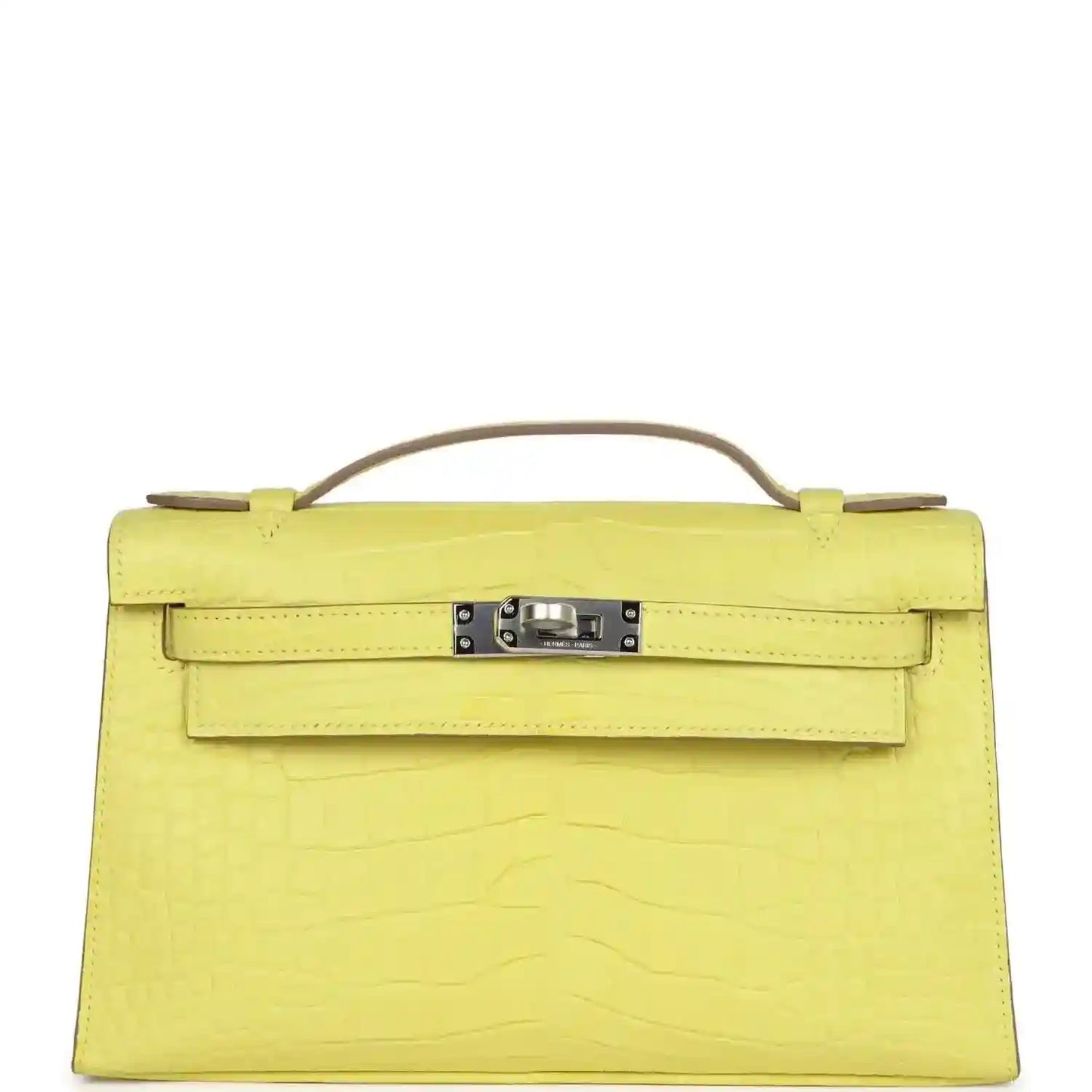 Lime alligator clutch with top handle, front flap and palladium-tone clasp