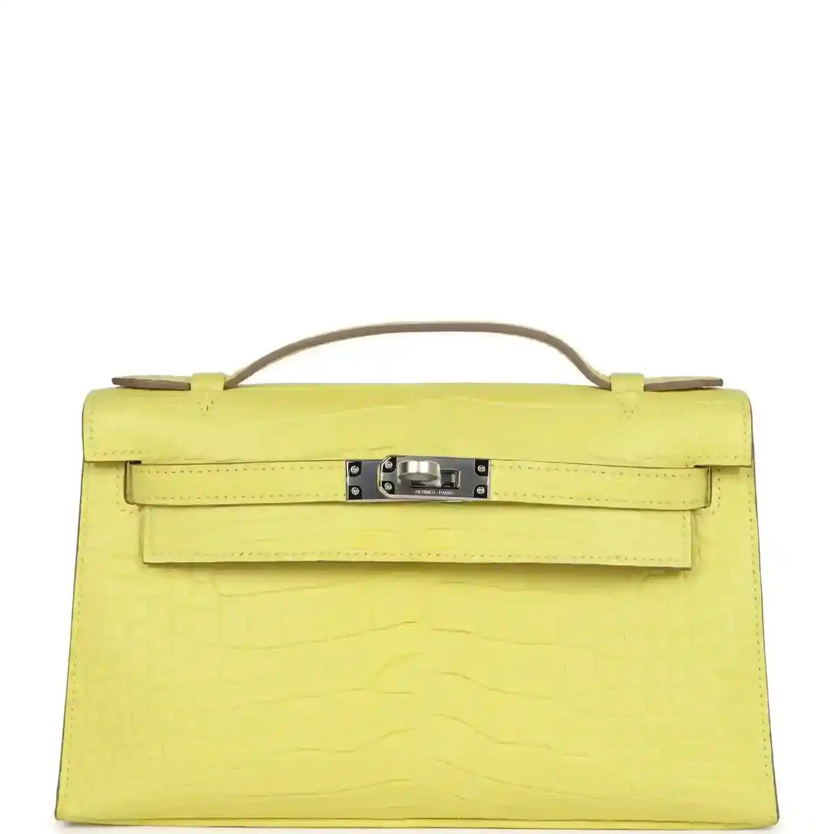 Lime alligator clutch with top handle, front flap and palladium-tone clasp