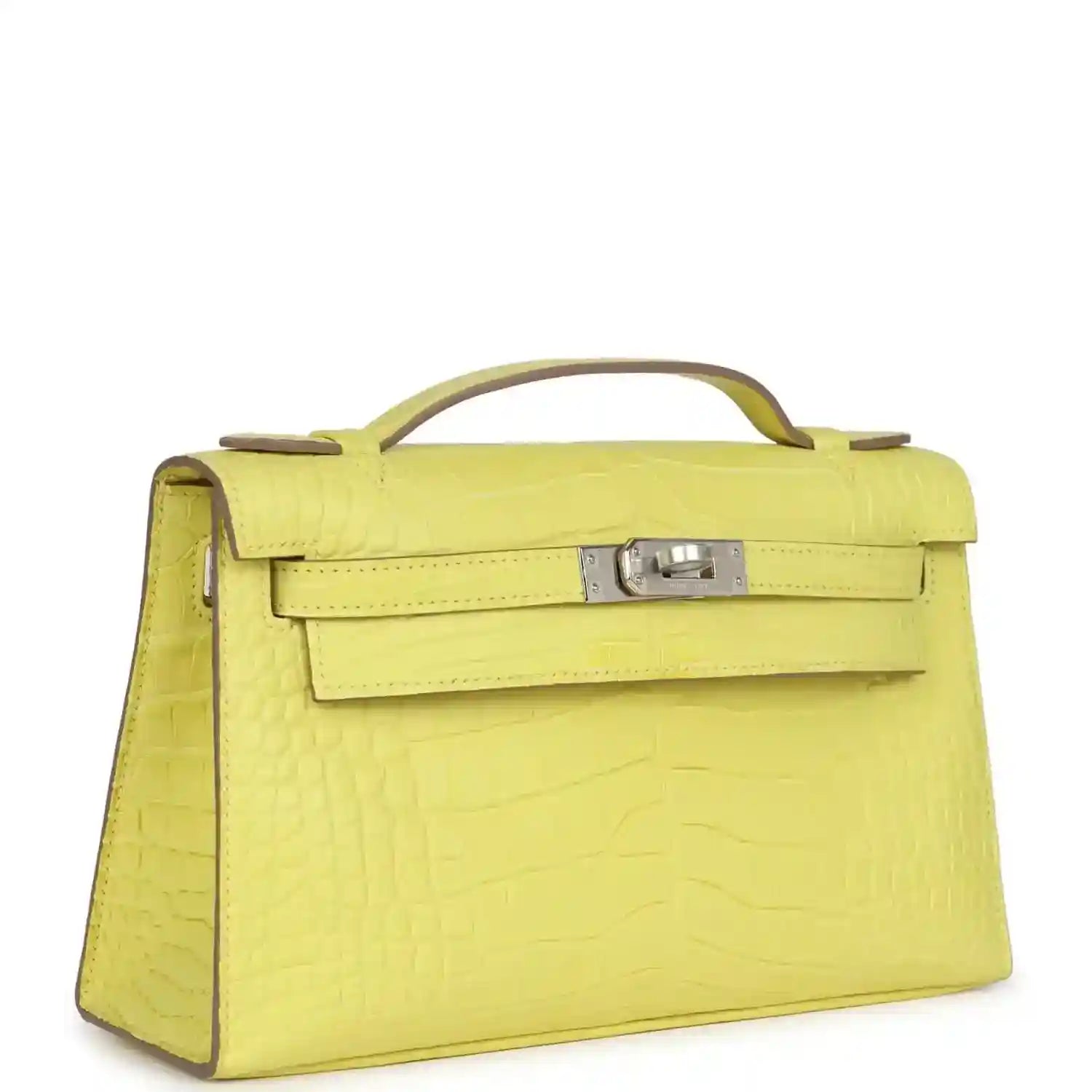 Lime alligator Kelly clutch with top handle, front flap and side profile
