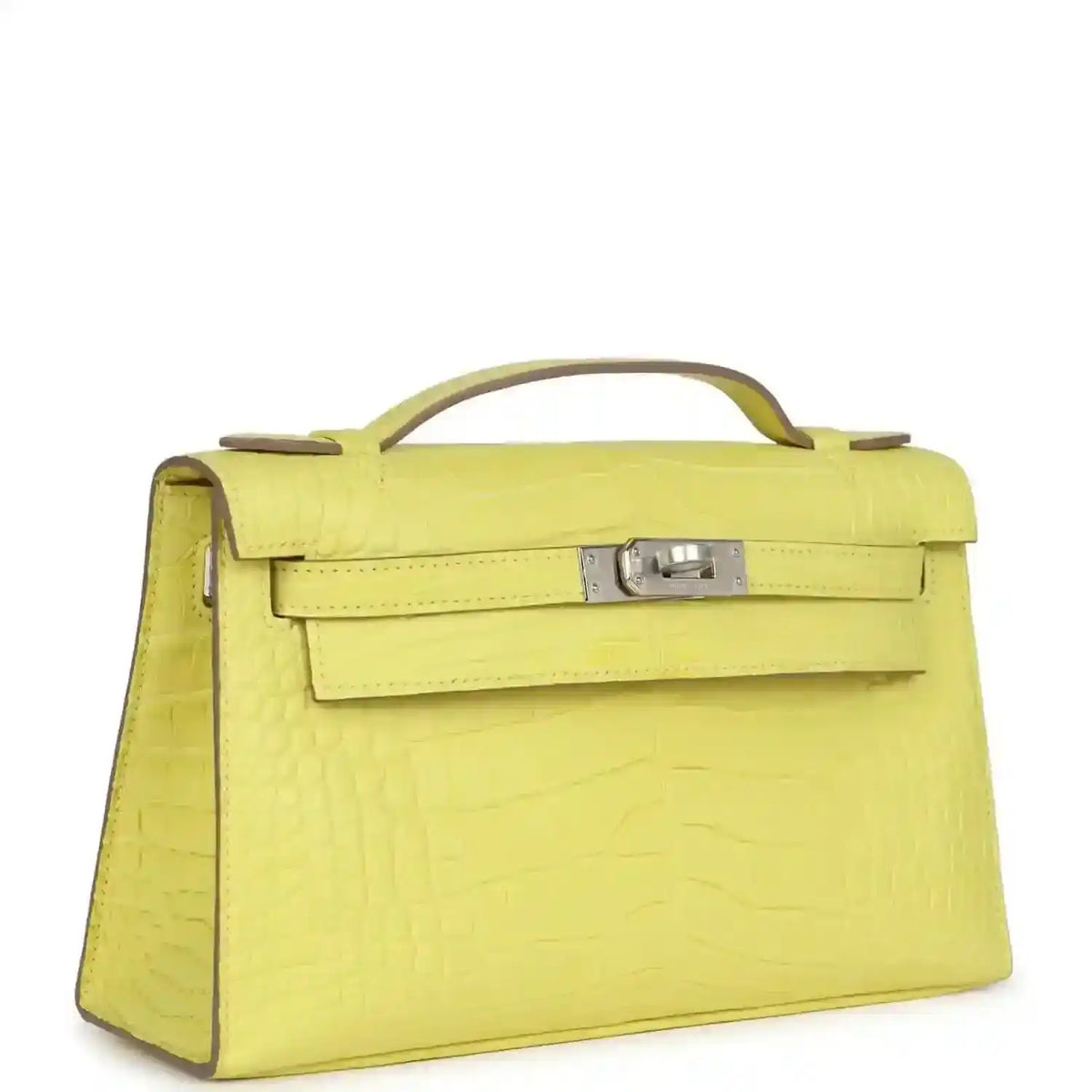 Lime alligator Kelly clutch with top handle, front flap and side profile