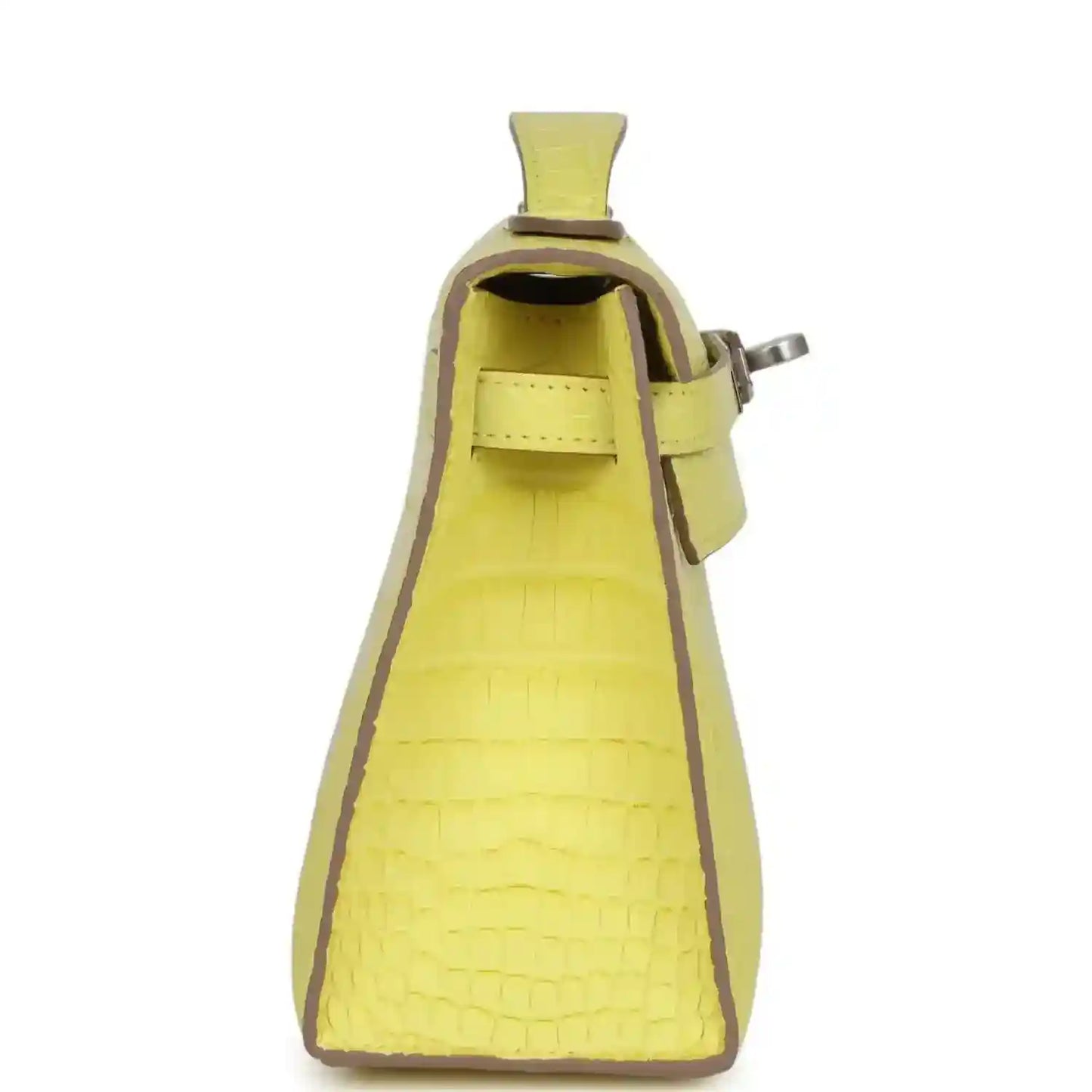 Lime alligator clutch with wrist strap, open interior and metal clasp