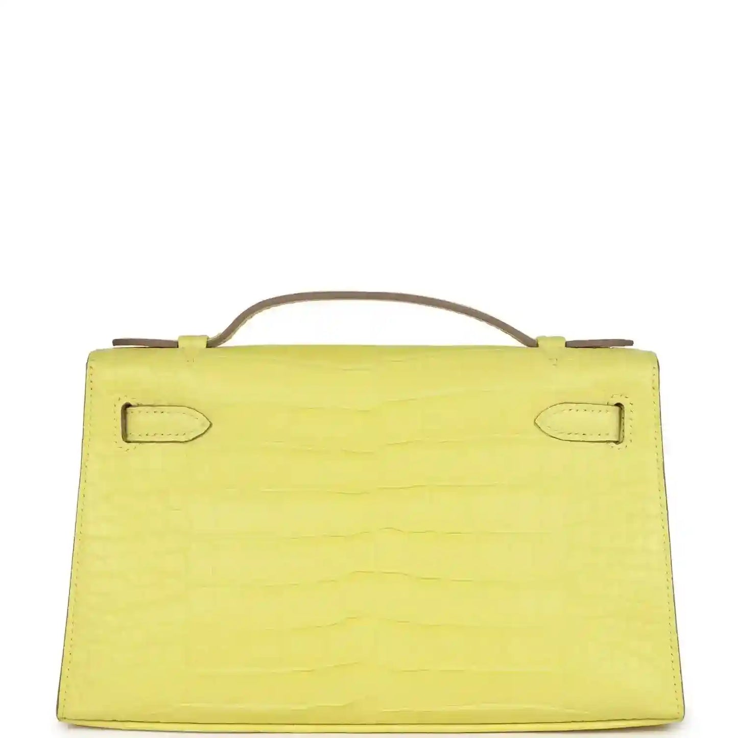 Lime alligator clutch back panel with top handle and corner strap tabs