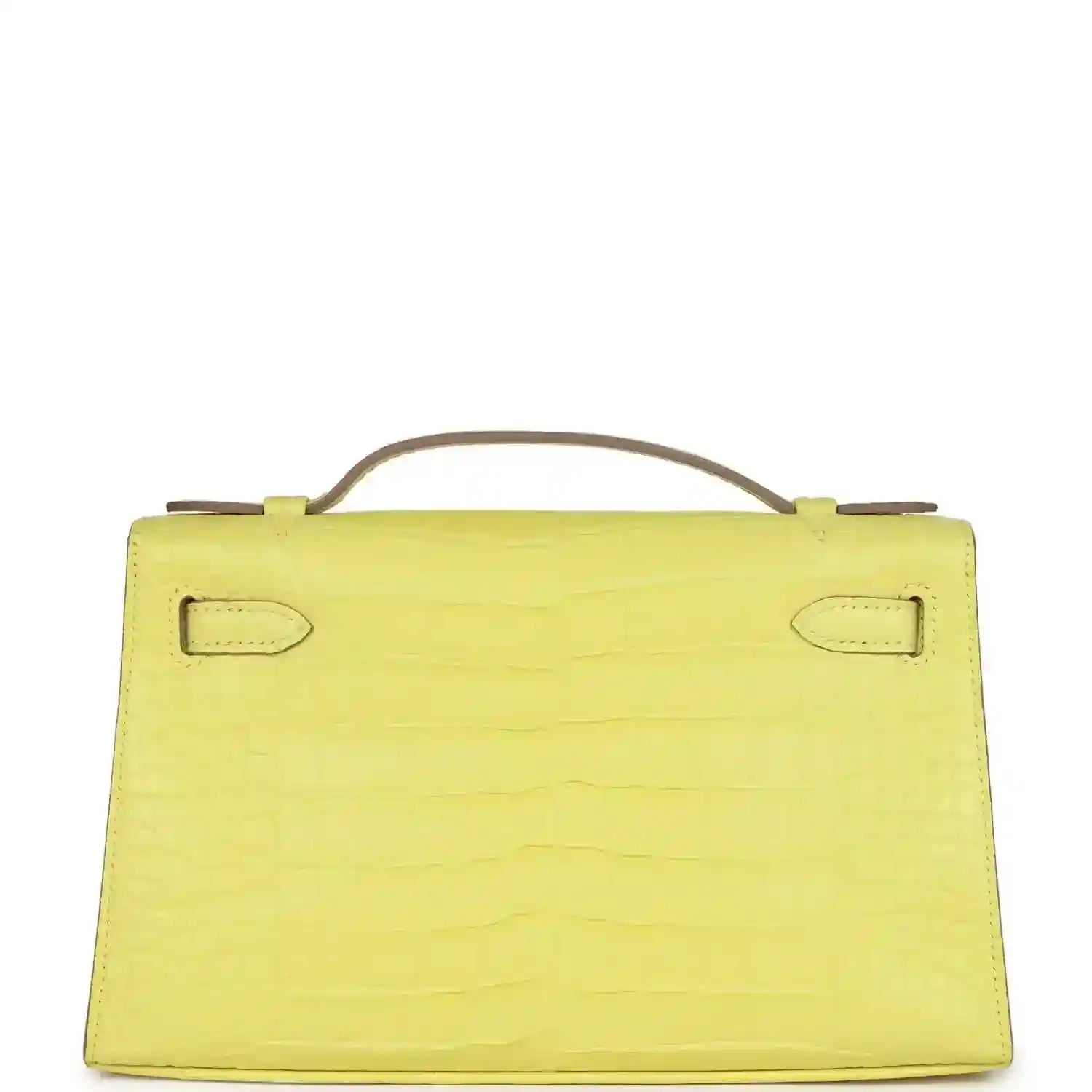 Lime alligator clutch back panel with top handle and corner strap tabs