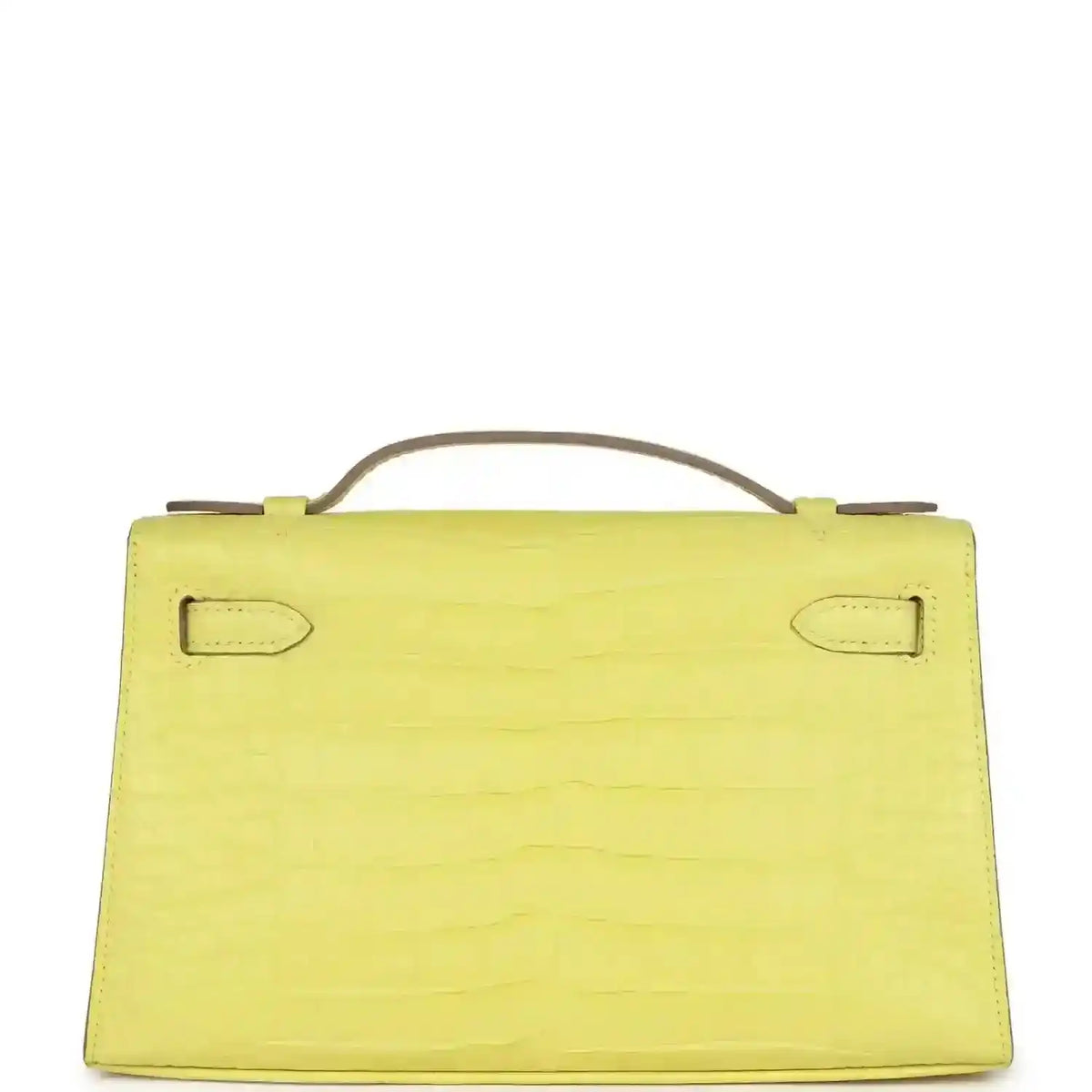 Lime alligator clutch back panel with top handle and corner strap tabs