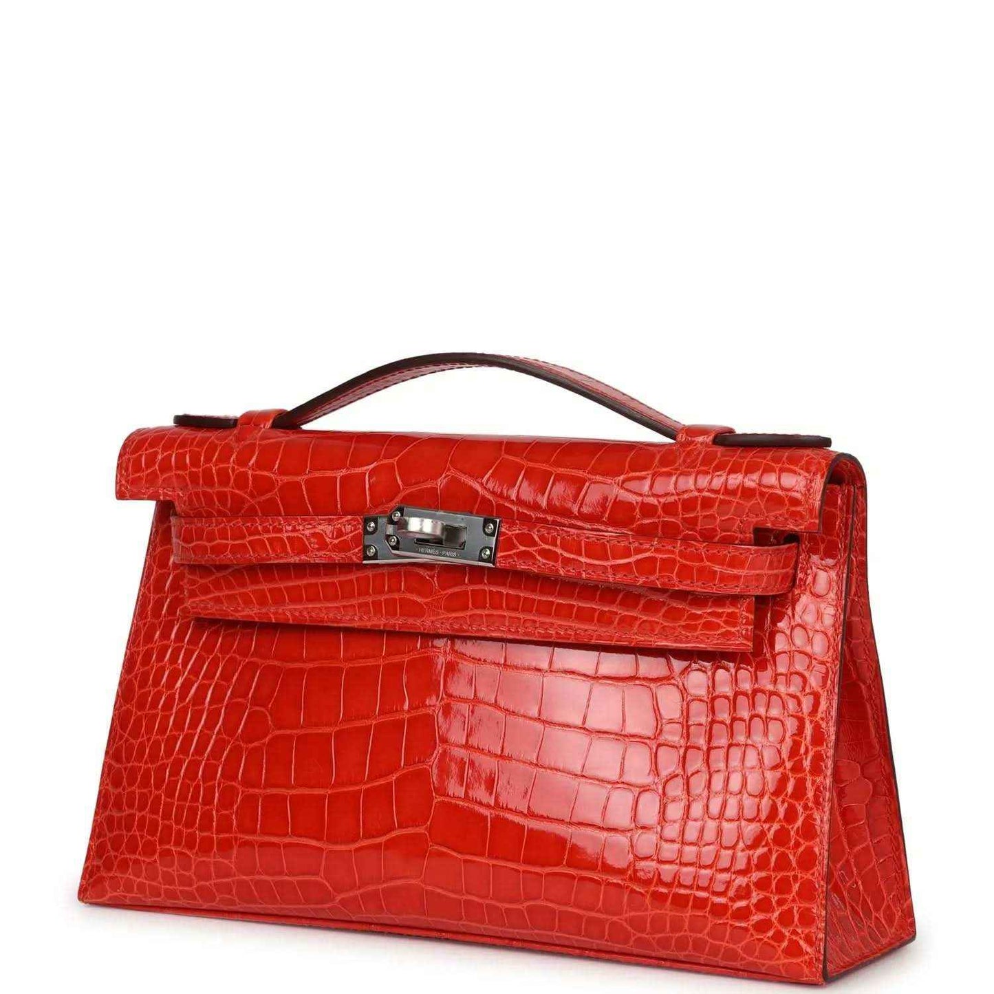 Orange crocodile-texture Kelly pochette with front flap and top handle, clasp hardware