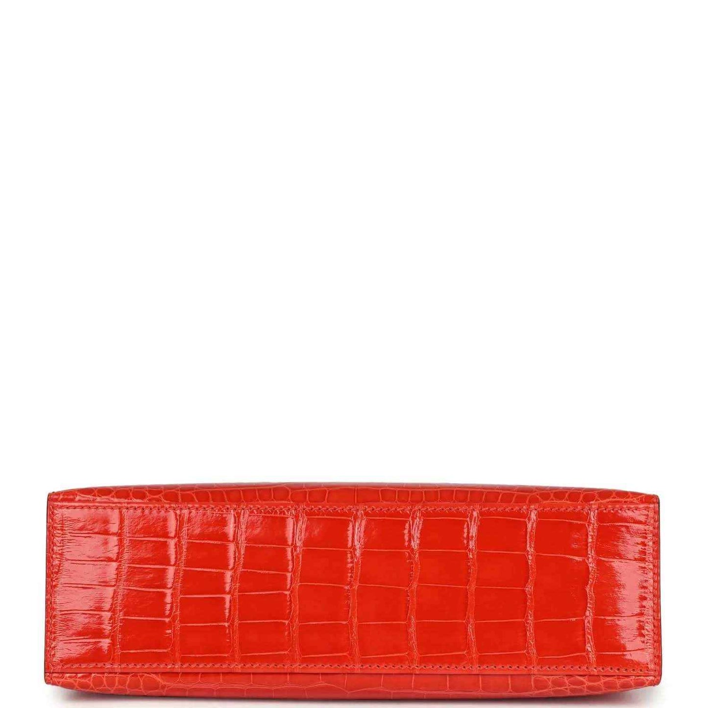 Orange crocodile-texture pochette bag with flat base and visible stitching
