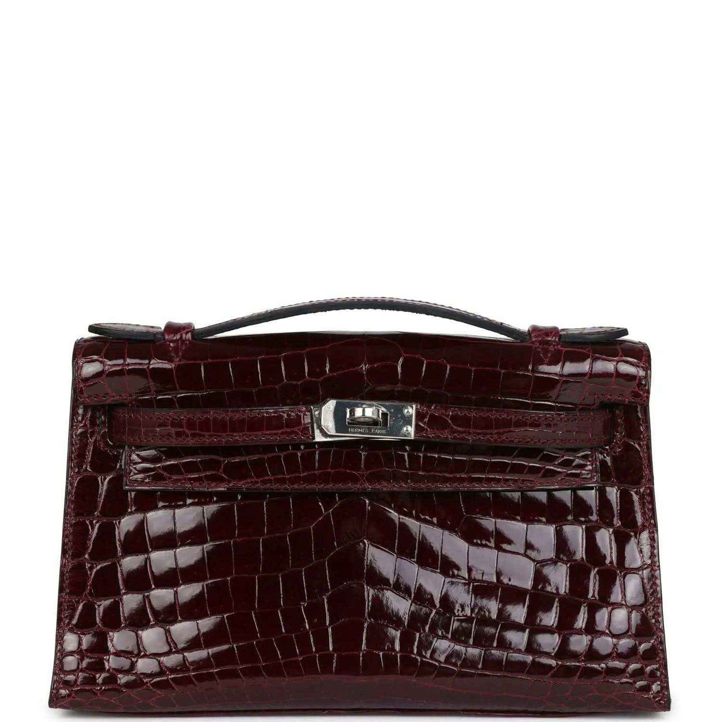 Burgundy crocodile-pattern handbag with top handle and front clasp hardware
