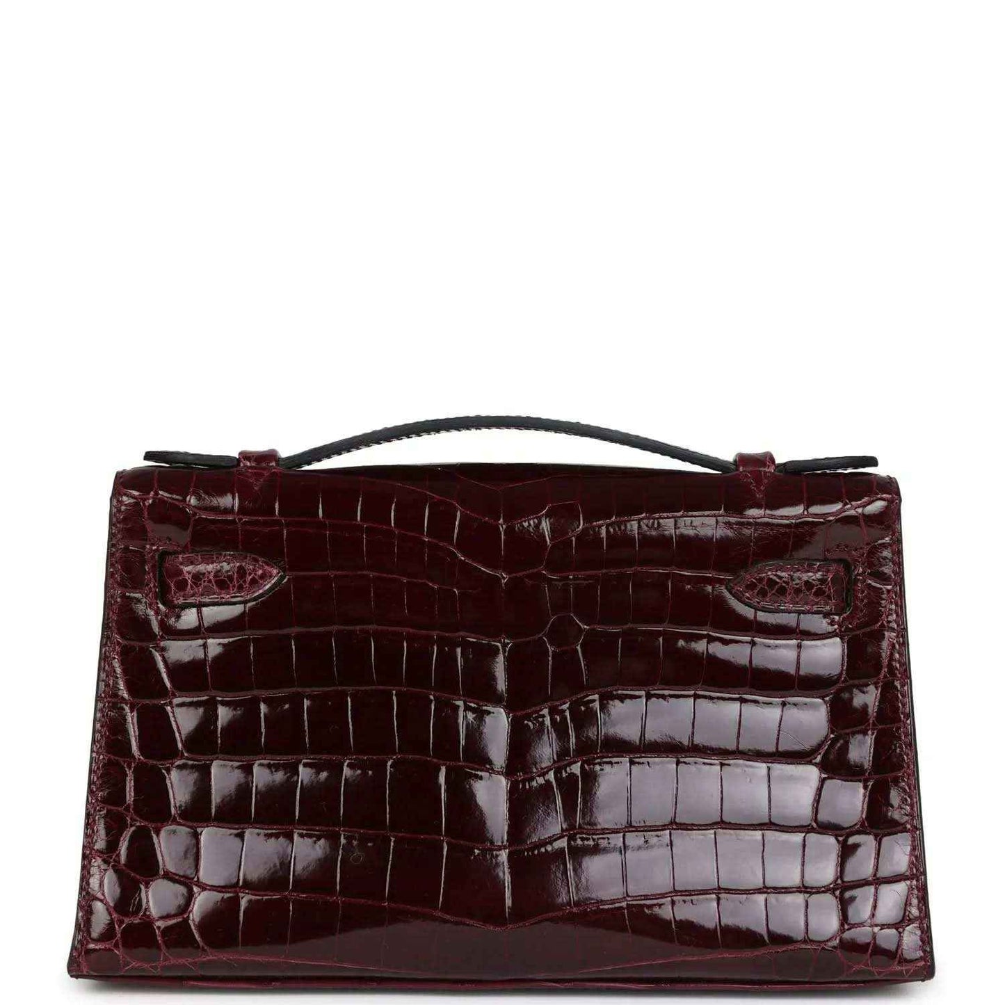 Burgundy crocodile-pattern handbag with flap front and top handle