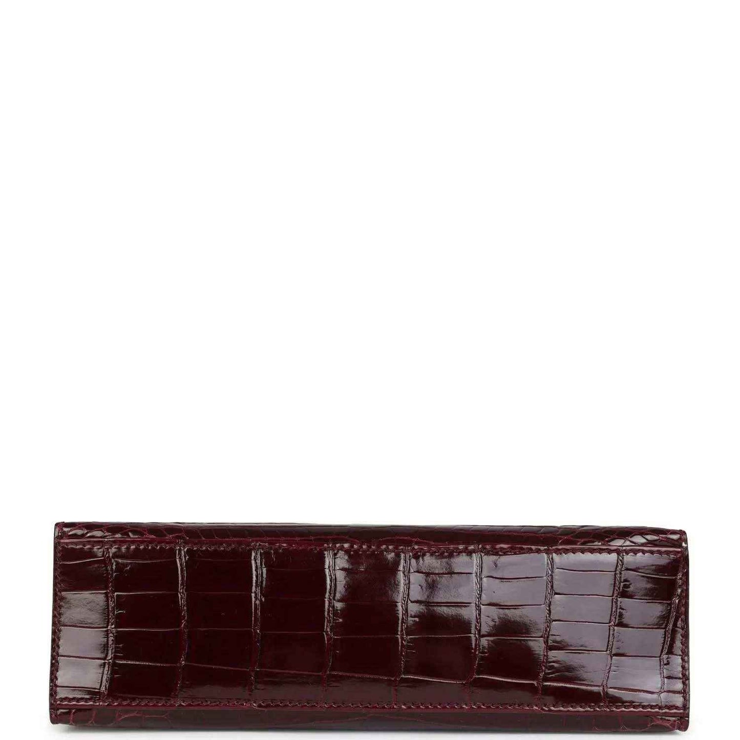 Burgundy crocodile-pattern handbag, horizontal front view of flap panel
