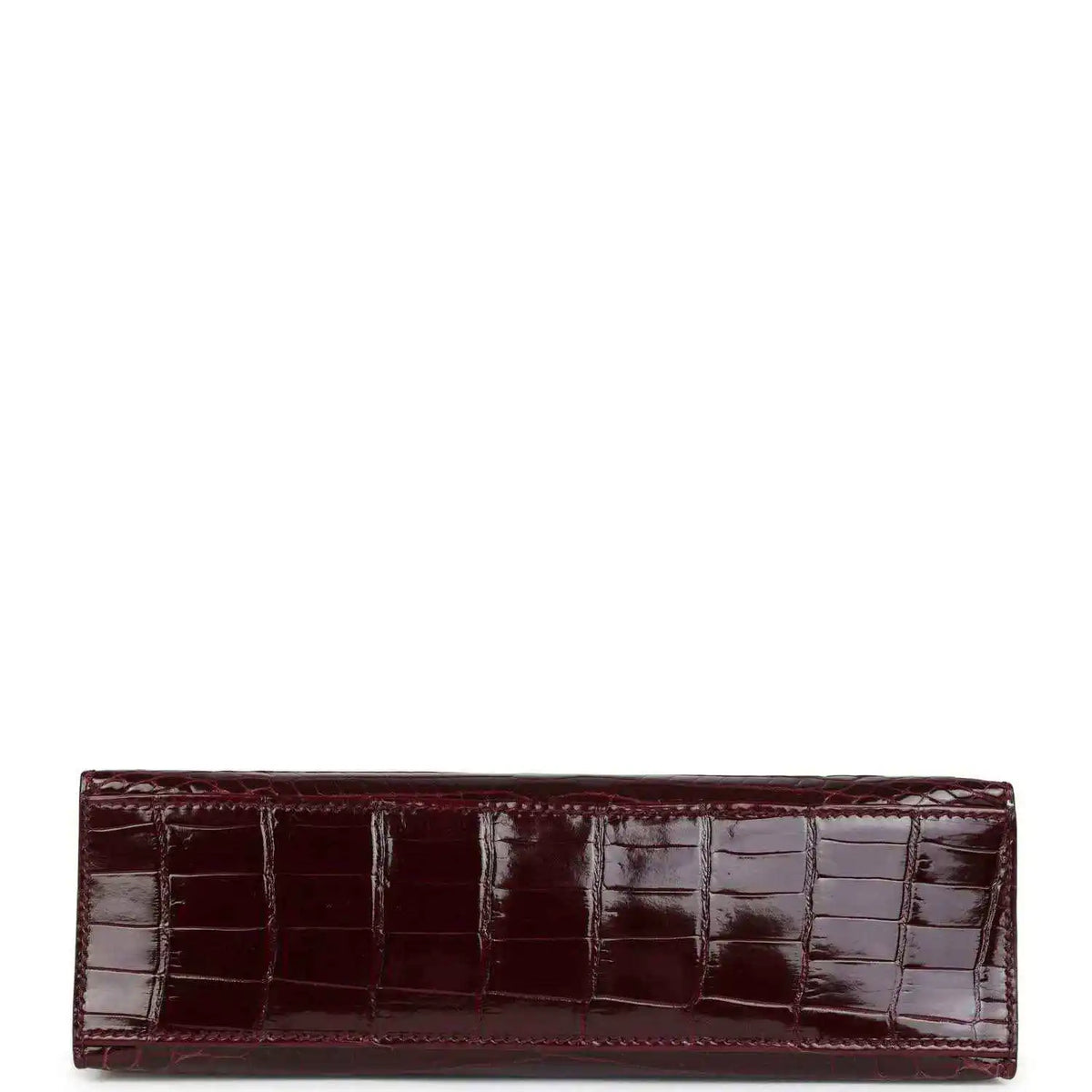 Burgundy crocodile-pattern handbag, horizontal front view of flap panel