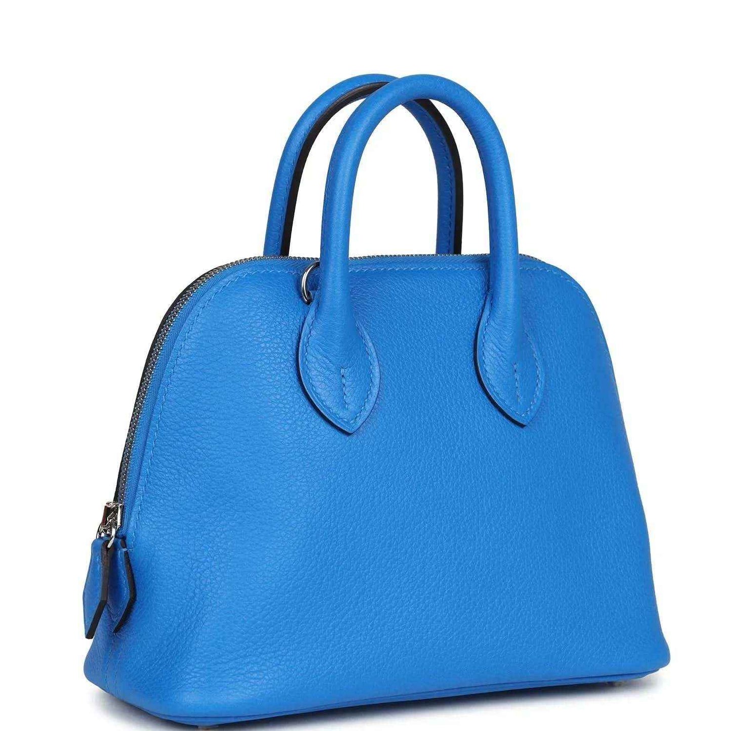 Mini Bolide bag in bright blue textured leather, front view with top handles