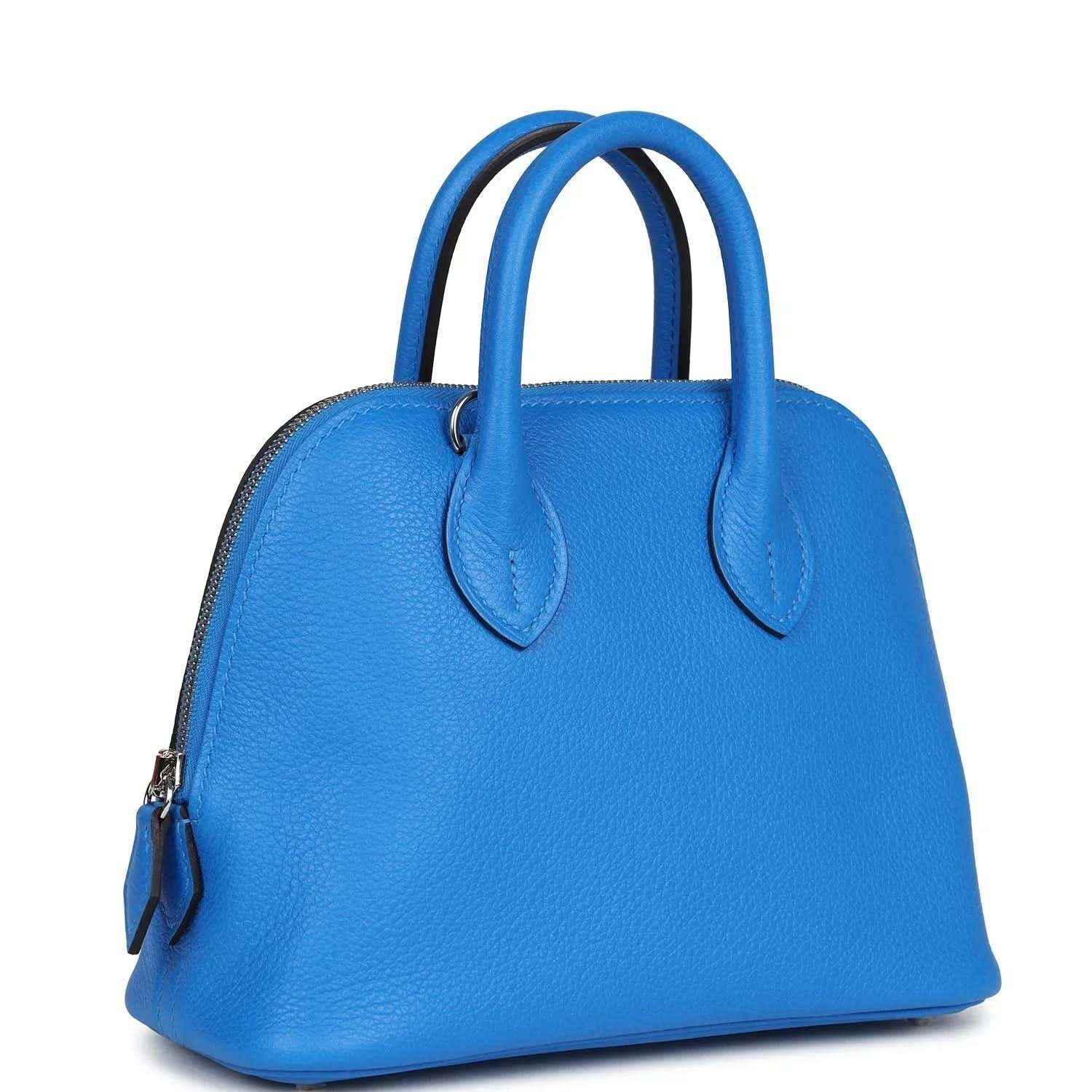 Mini Bolide bag in bright blue textured leather, front view with top handles