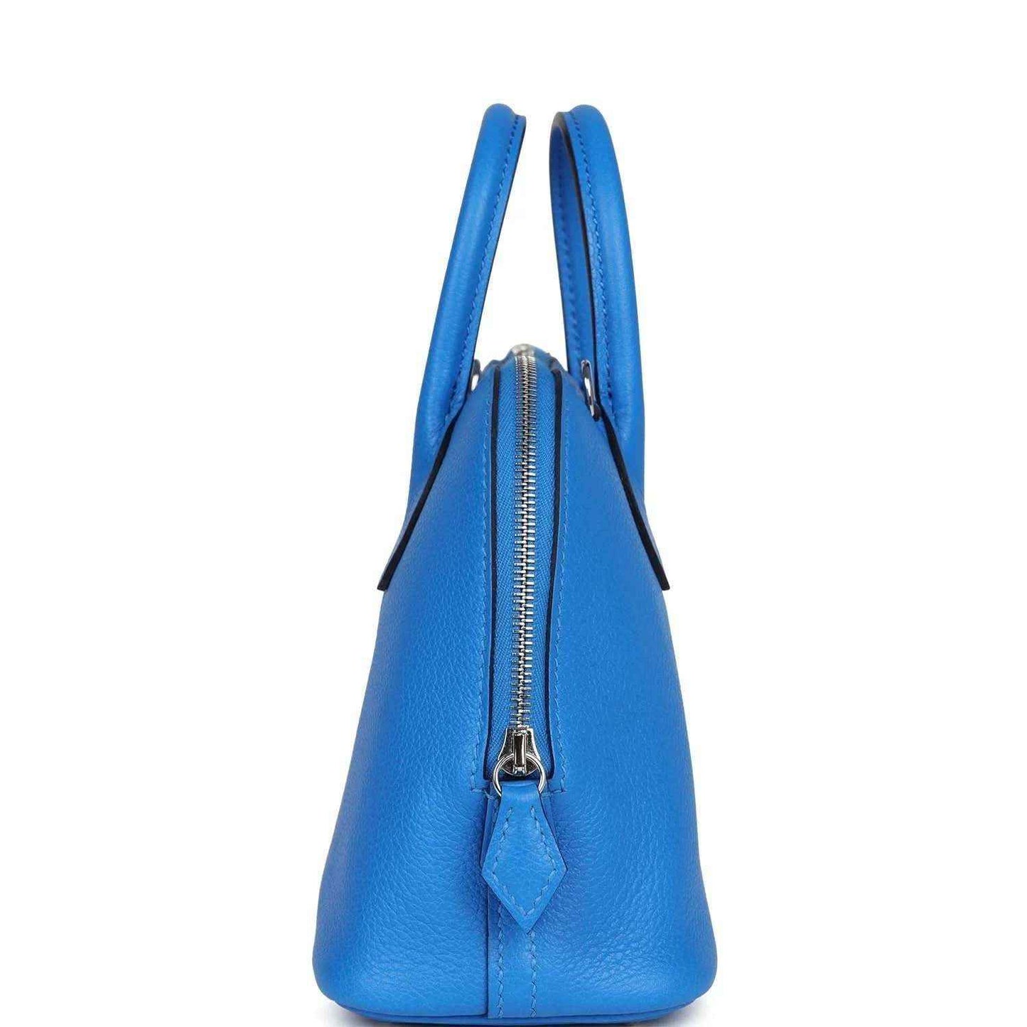 Mini Bolide bag in bright blue textured leather, back view with zipper detail