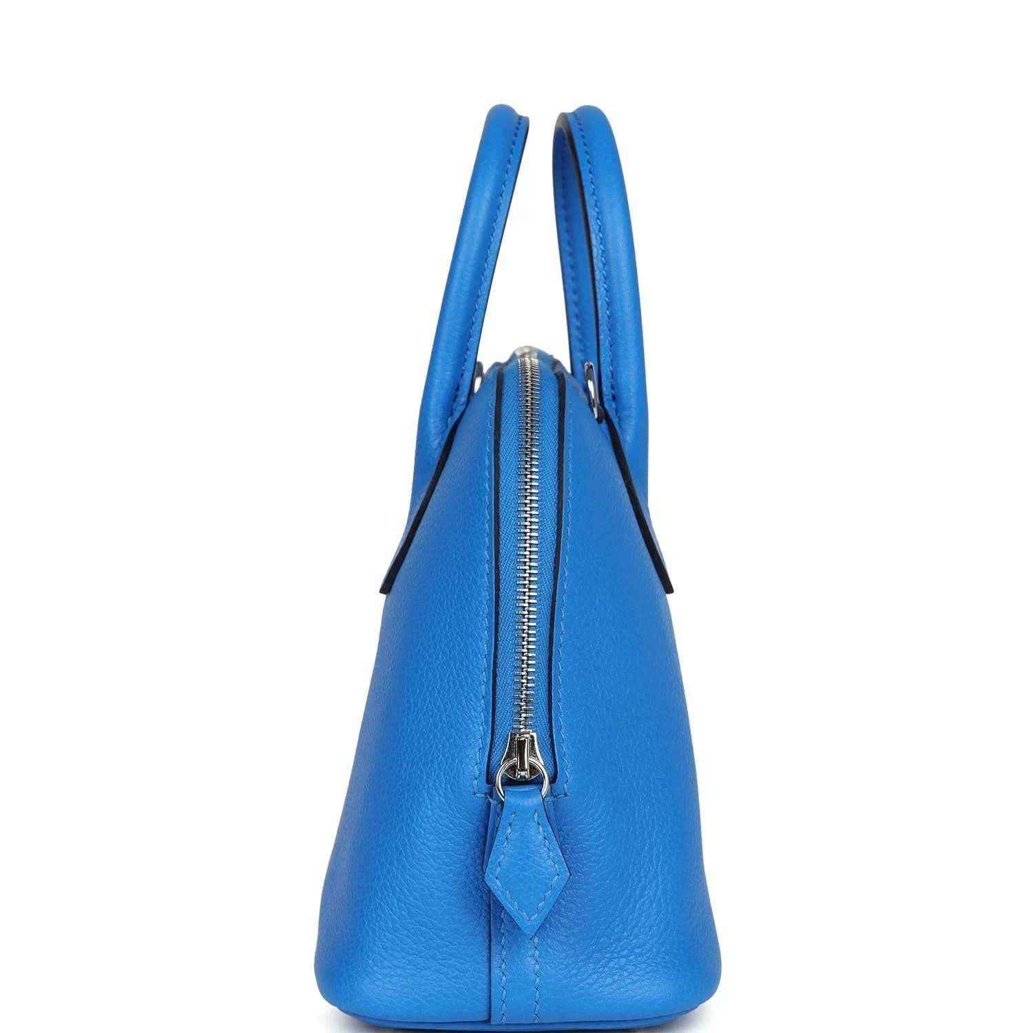 Mini Bolide bag in bright blue textured leather, back view with zipper detail