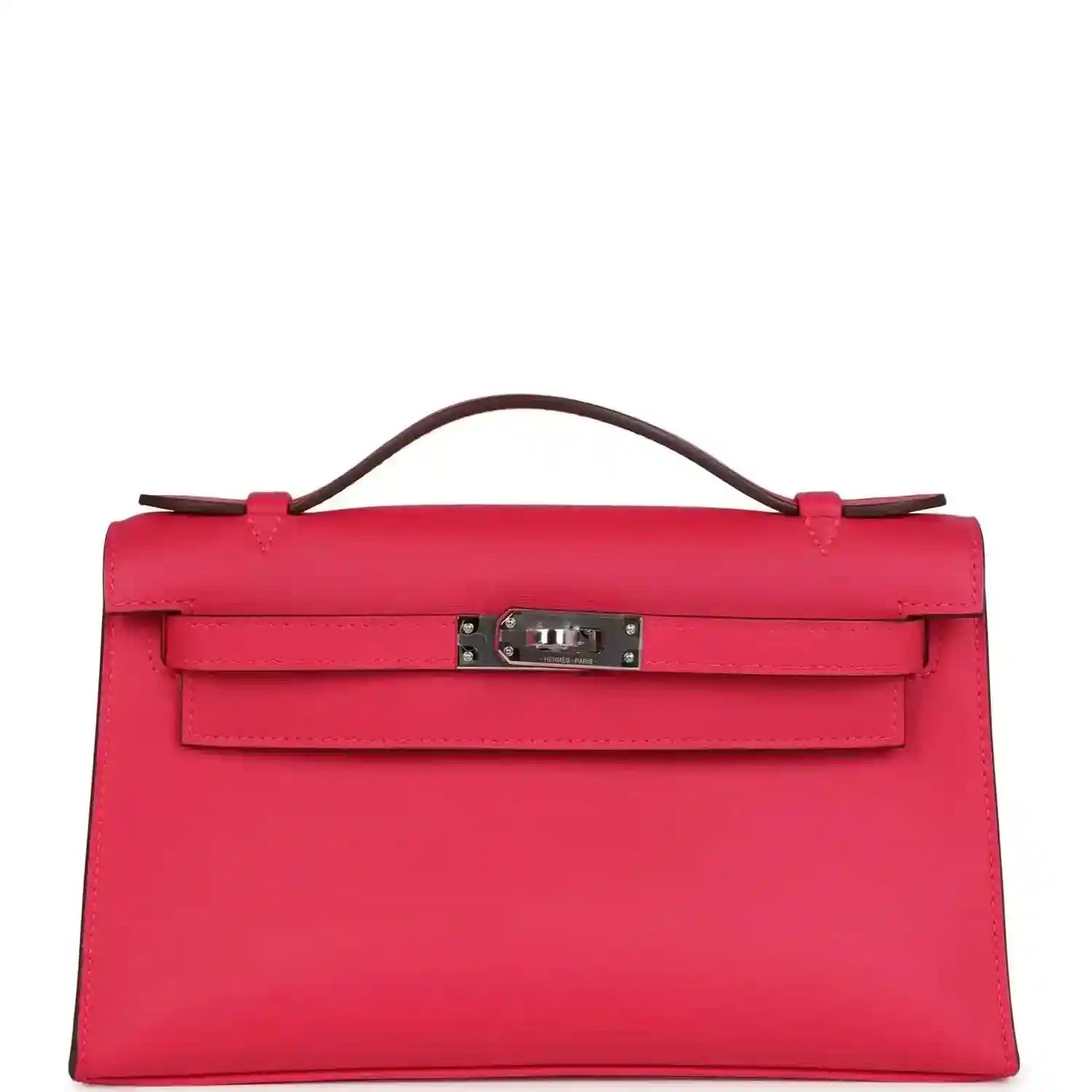 Pink leather handbag with top handle and front flap clasp