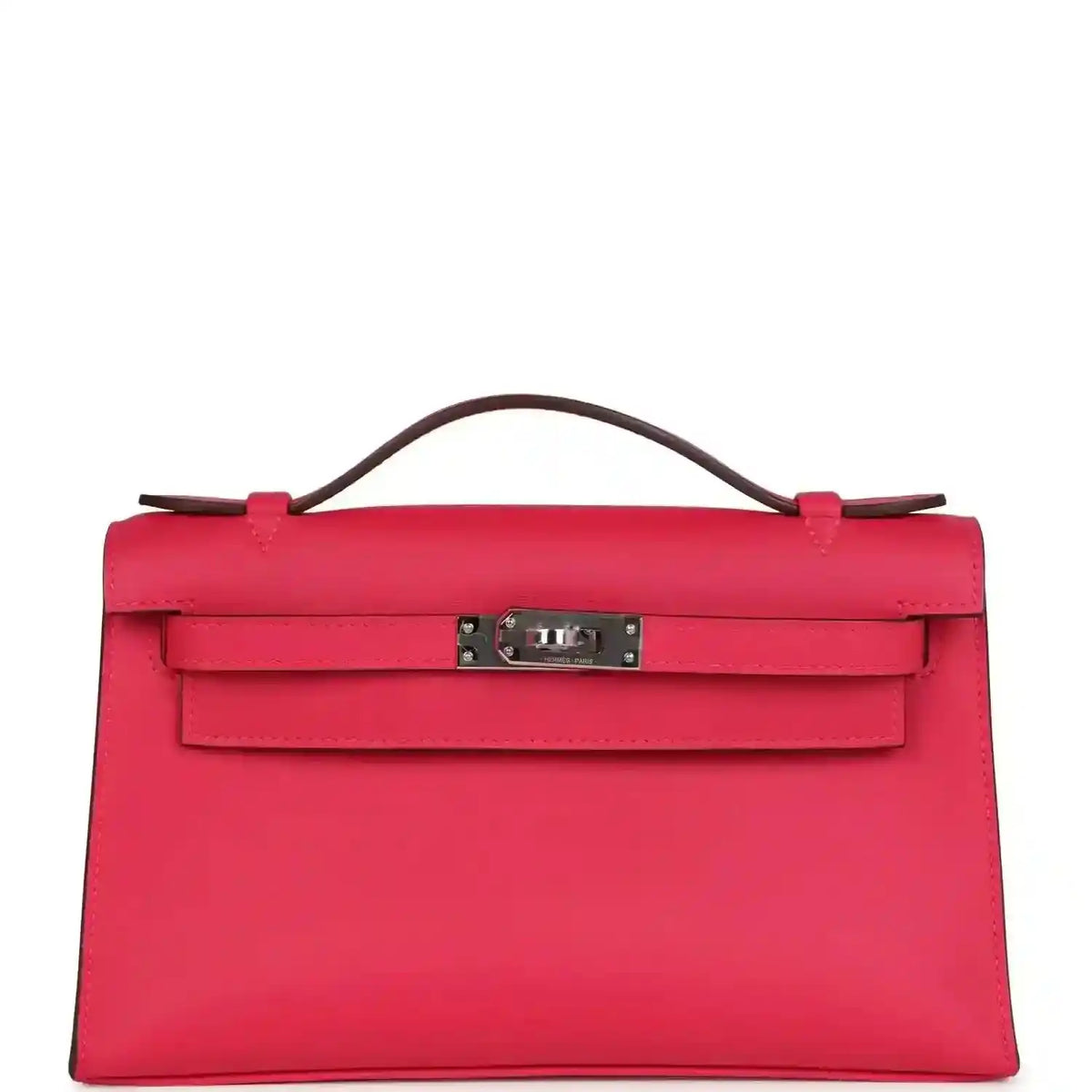 Pink leather handbag with top handle and front flap clasp