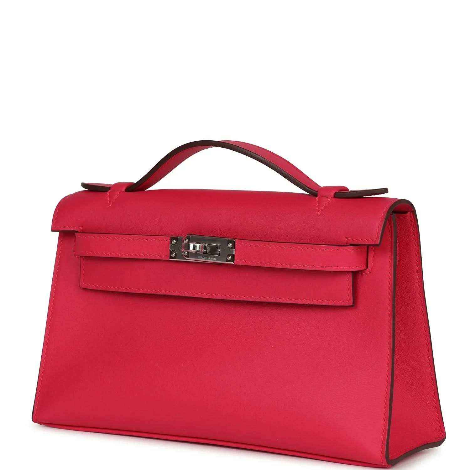 Pink leather handbag with front flap and silver-tone clasp, side profile