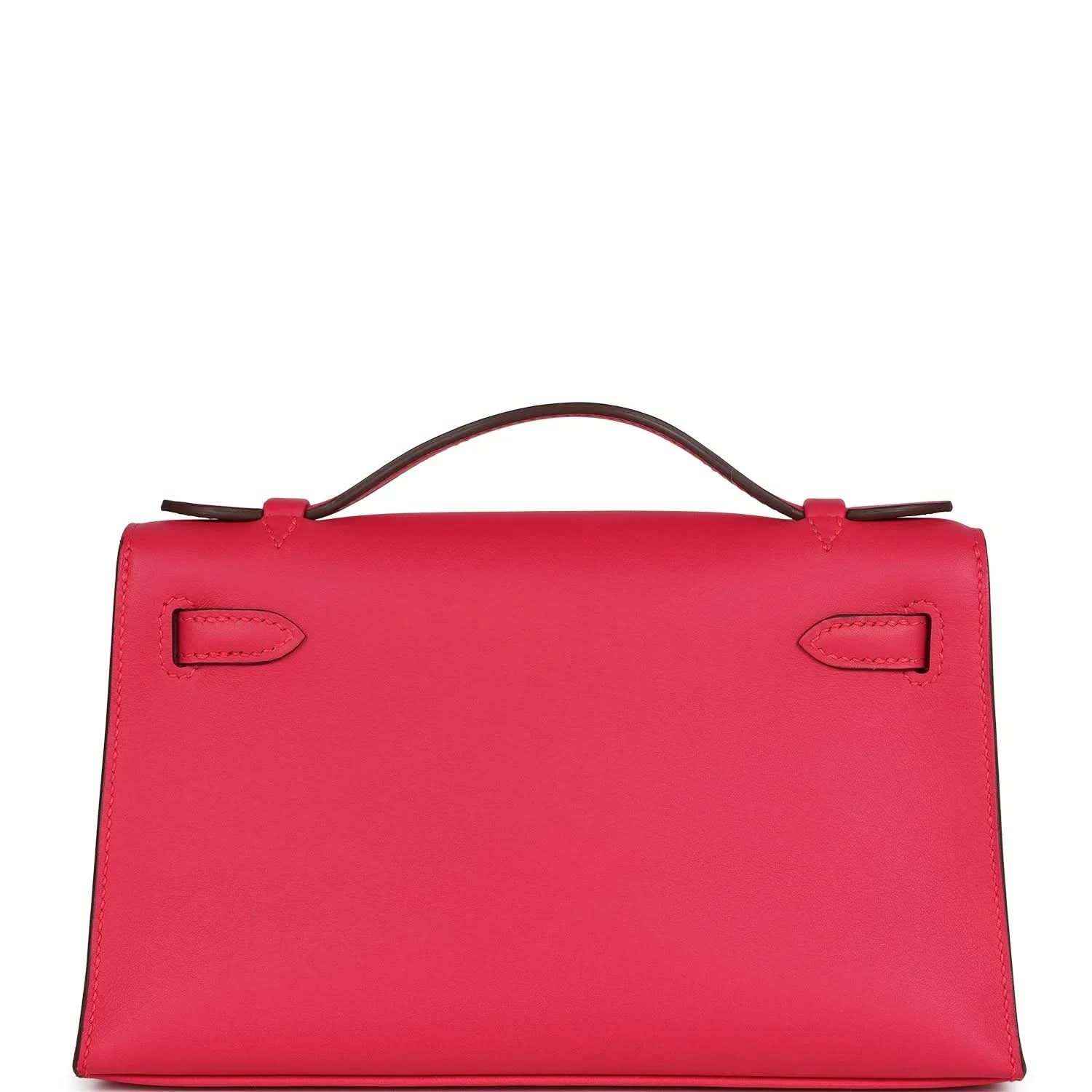 Pink leather handbag with top handle and smooth back panel