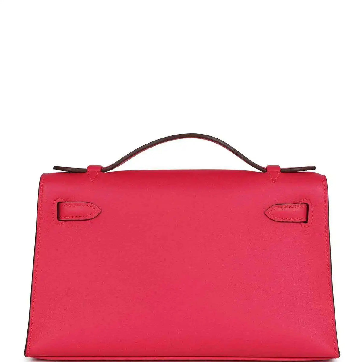 Pink leather handbag with top handle and smooth back panel