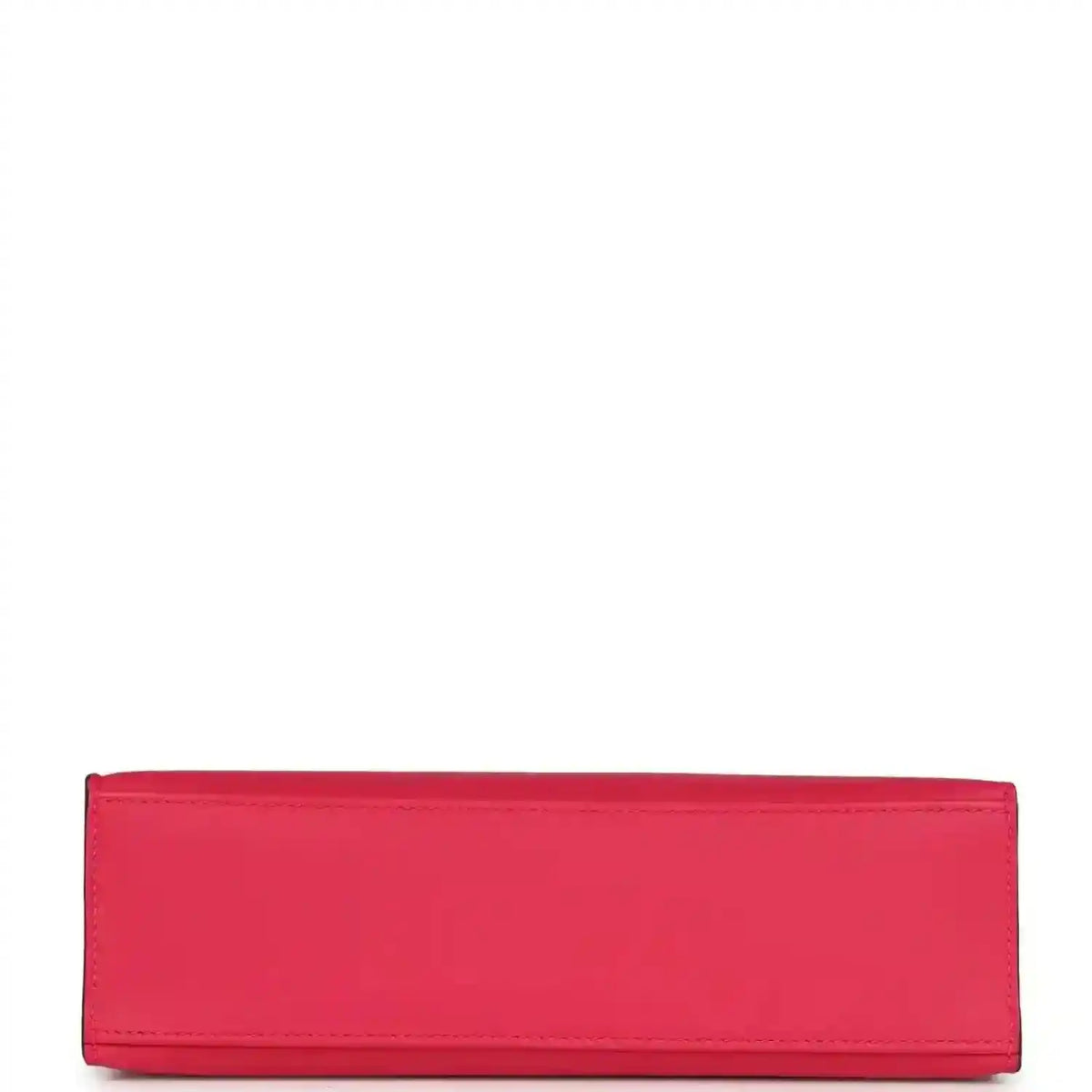 Pink leather pochette-style clutch with stitched edges and flat panel