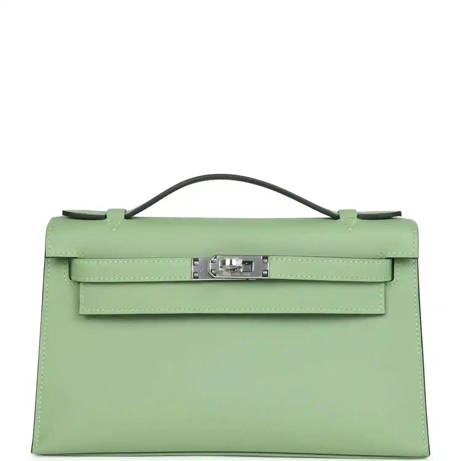 Hermes Kelly pochette, light green leather with top handle and front clasp