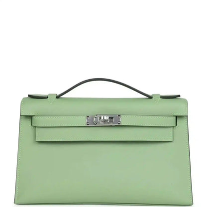 Hermes Kelly pochette, light green leather with top handle and front clasp