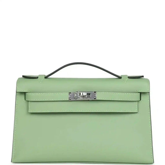 Hermes Kelly pochette, light green leather with top handle and front clasp