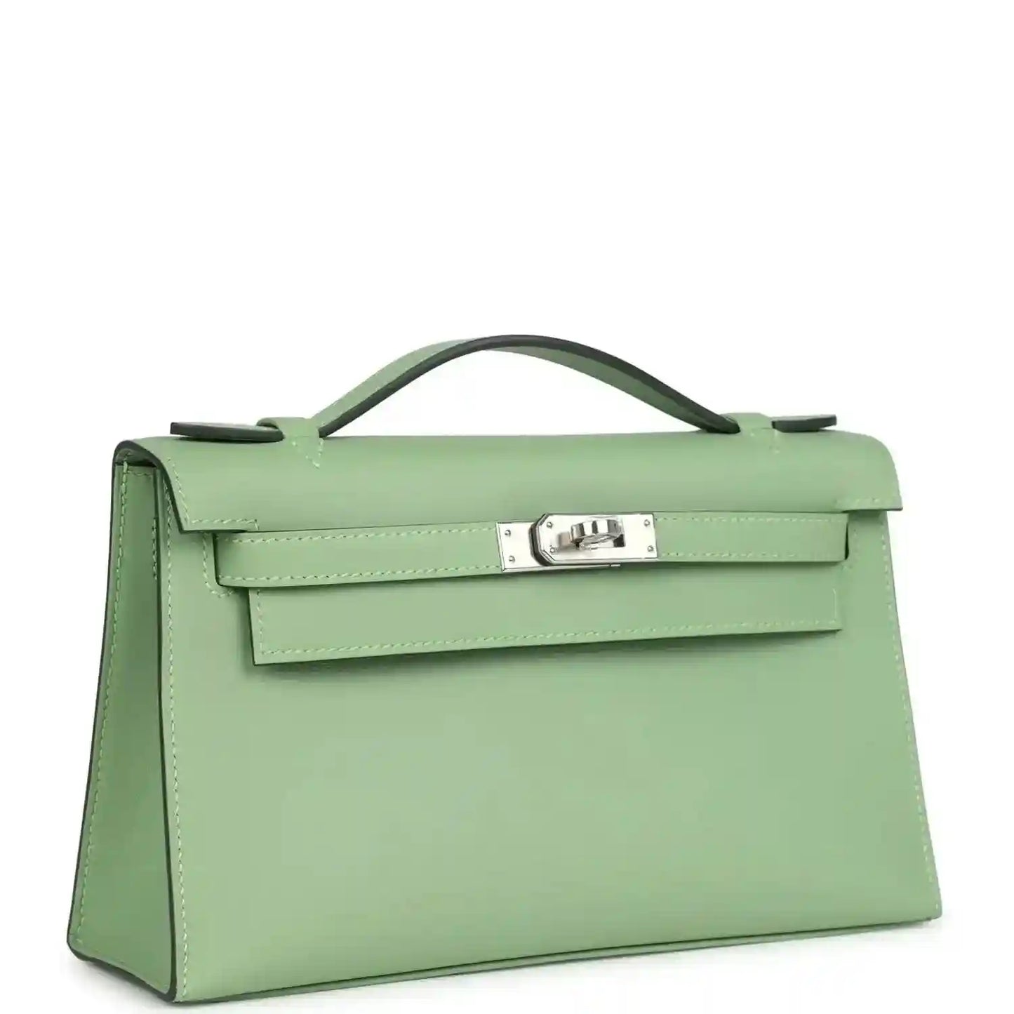 Hermes Kelly pochette in light green leather with silver-toned front lock