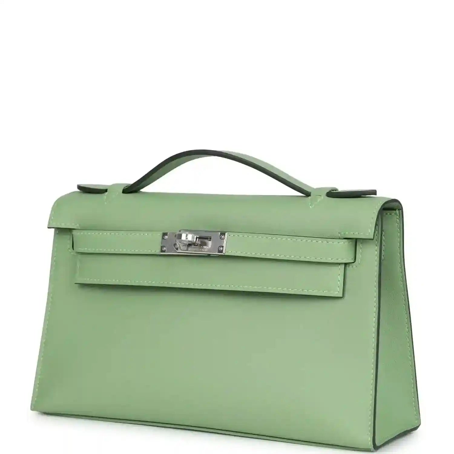 Hermes Kelly pochette angled view in light green leather with front lock