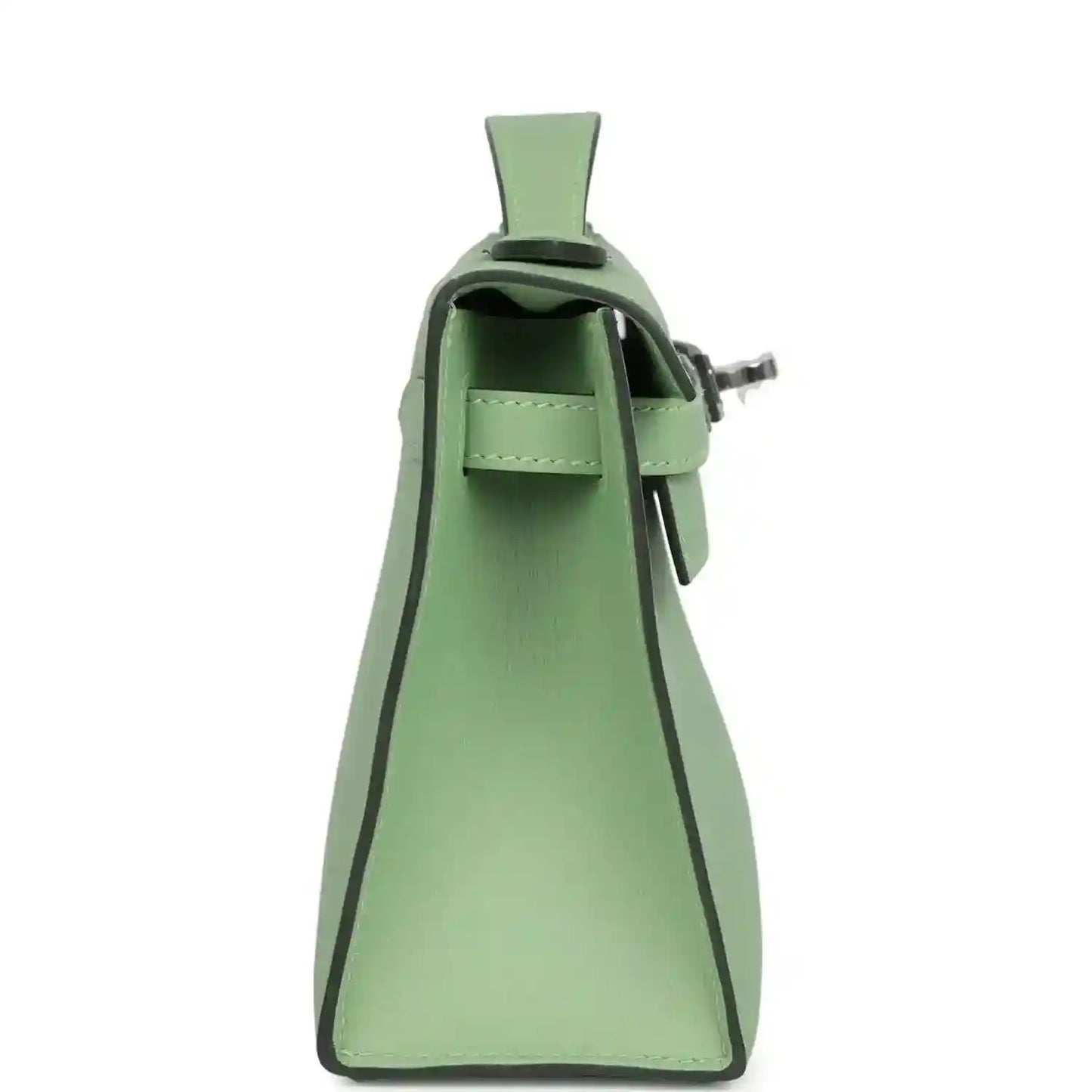 Hermes Kelly pochette interior view in light green leather with open top