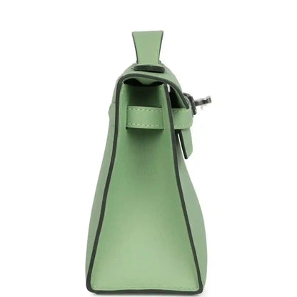 Hermes Kelly pochette interior view in light green leather with open top