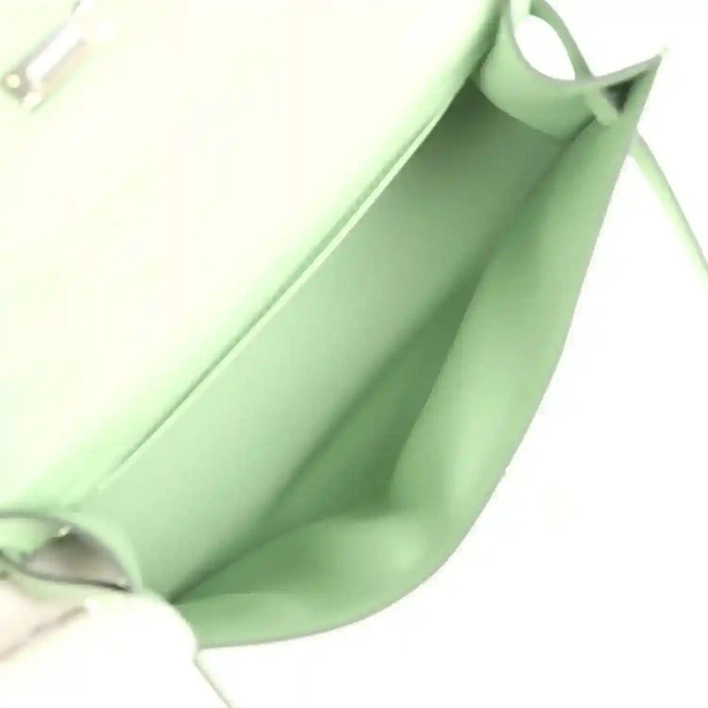 Hermes Kelly pochette interior lining in light green leather with curved gusset