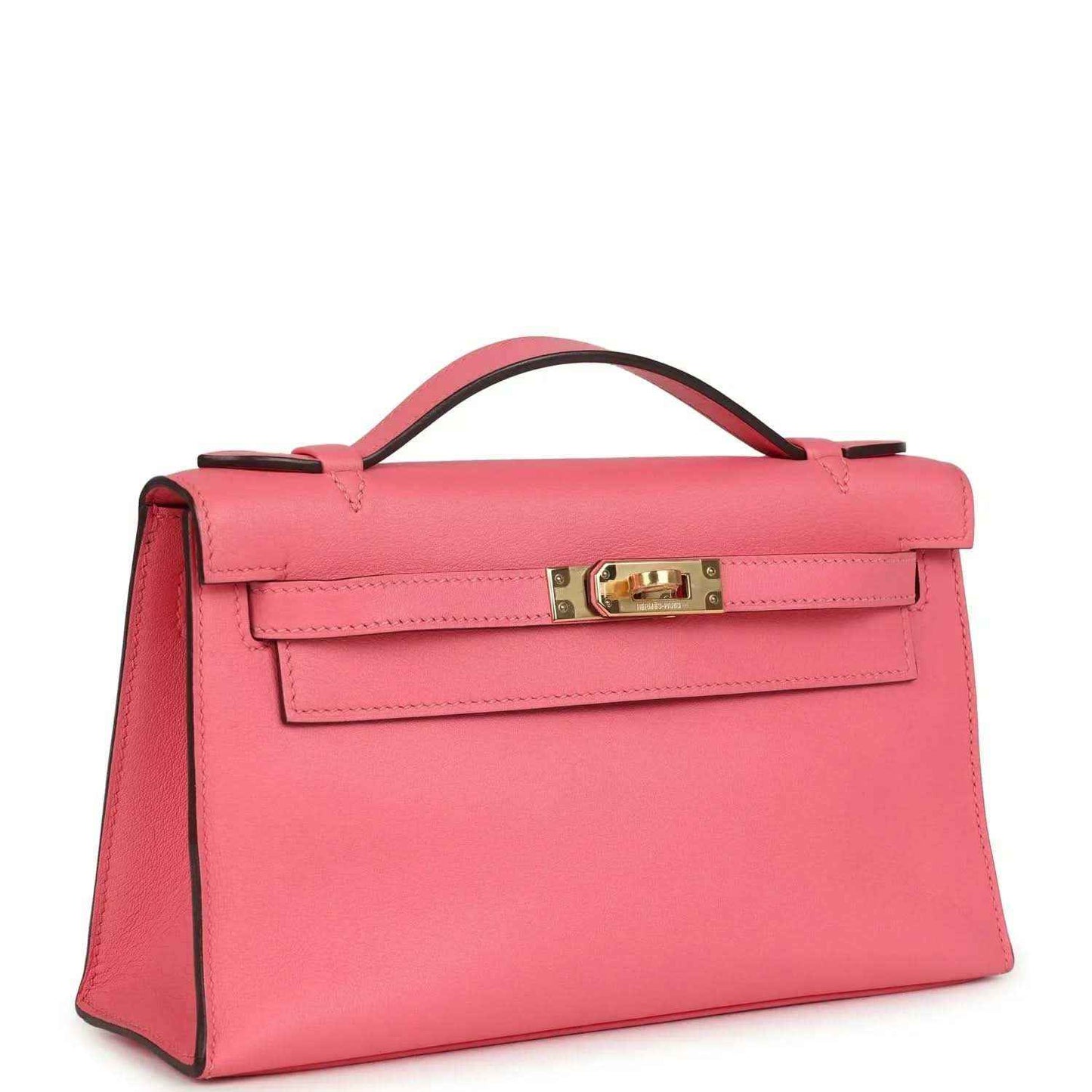 Hermes Kelly pochette bag, rose pink leather, front flap with gold turn-lock clasp