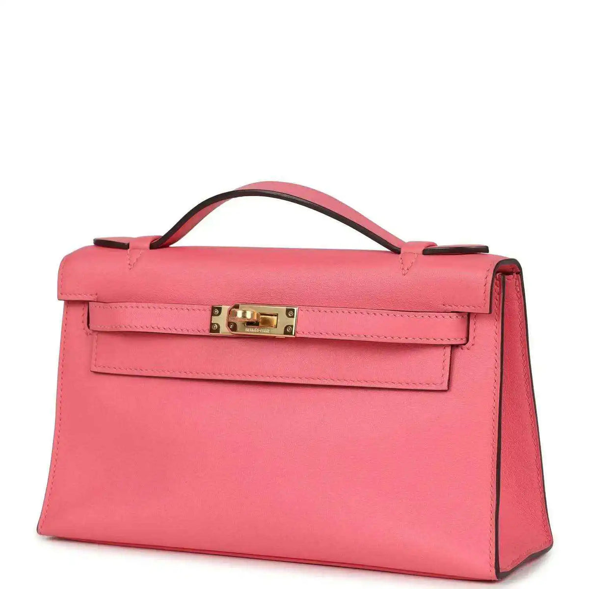 Hermes Kelly pochette bag with flap, rose pink leather and gold clasp, side profile