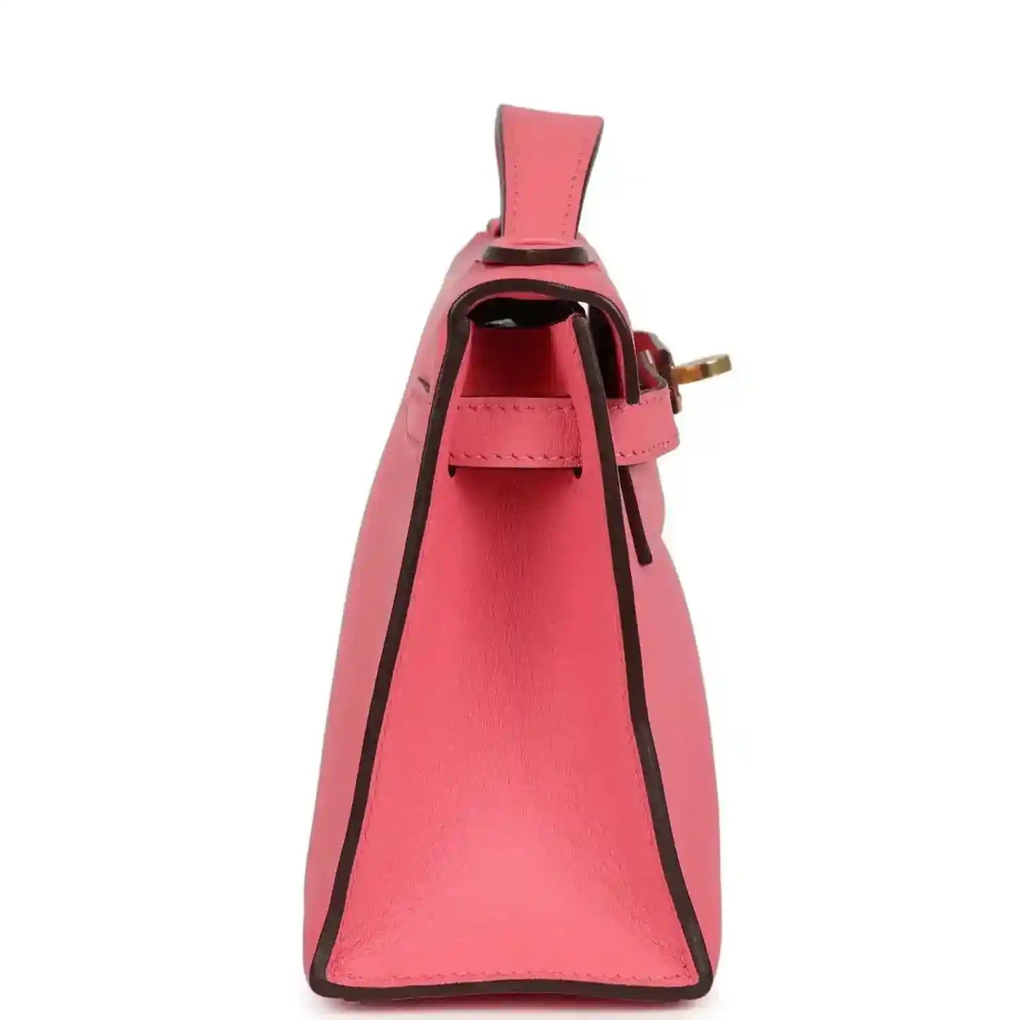 Hermes Kelly pochette bag side view, pink leather interior and strap loop