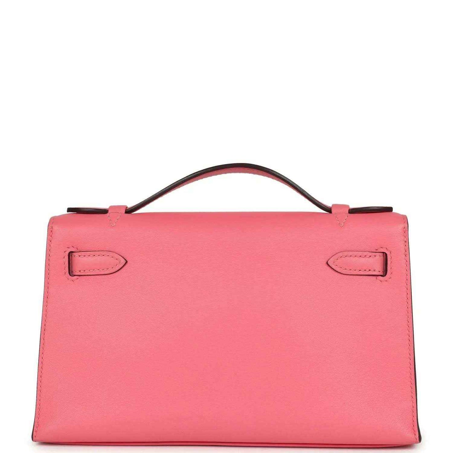 Hermes Kelly pochette bag in rose pink leather with top handle and front flap